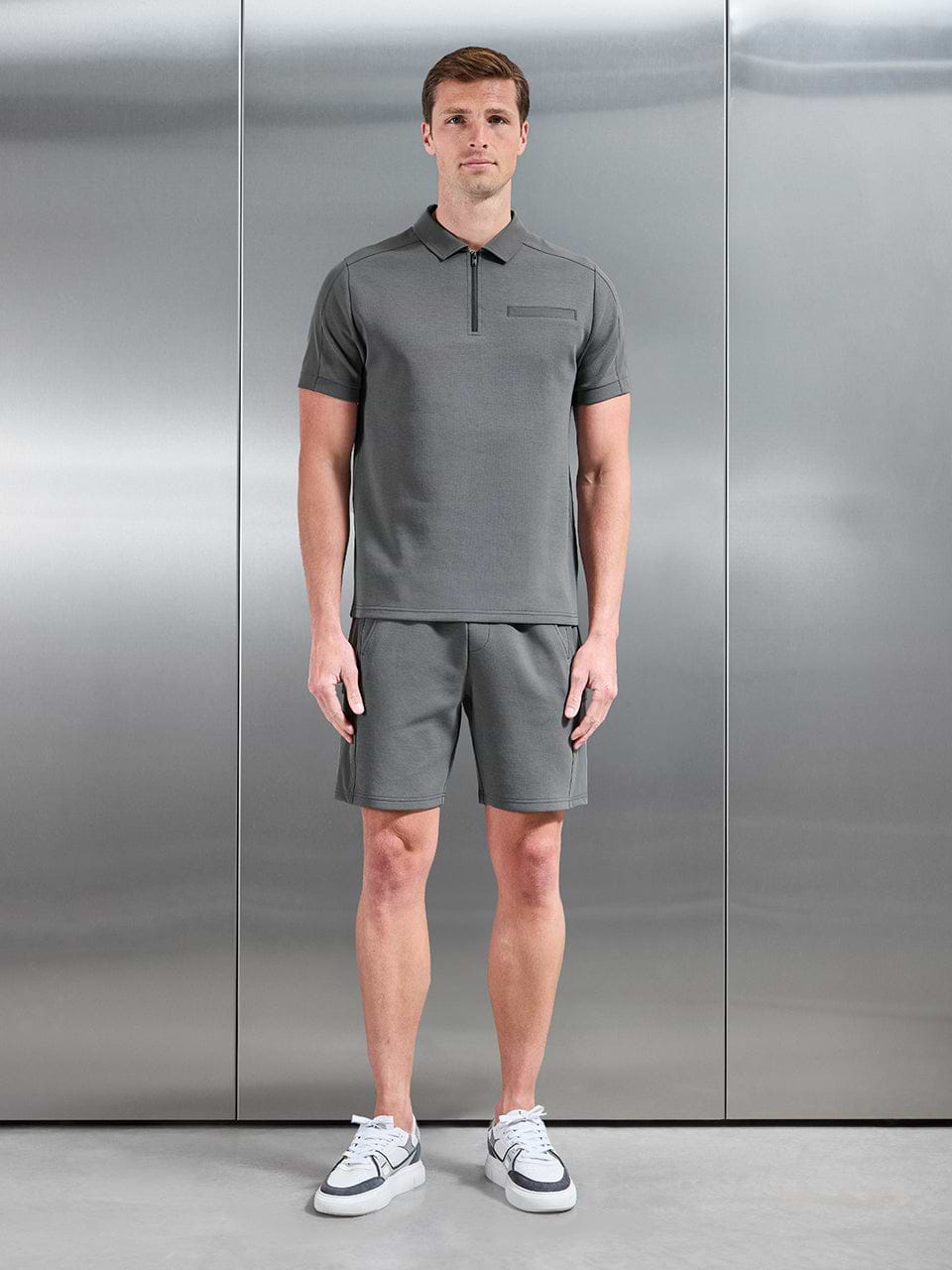 Mens Hybrid Cargo Zip Polo Shirt in Grey