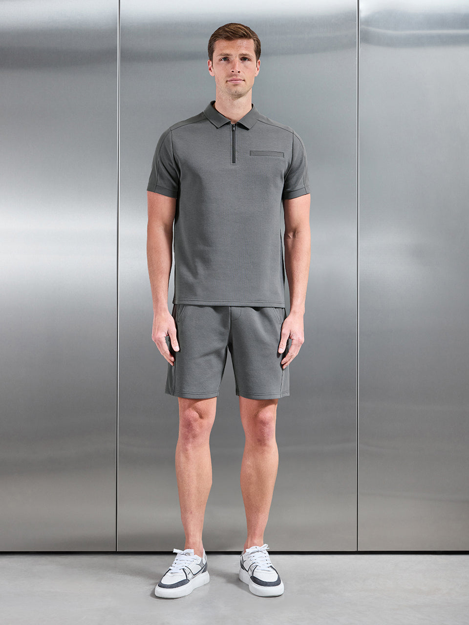 Mens Hybrid Cargo Zip Polo Shirt in Grey