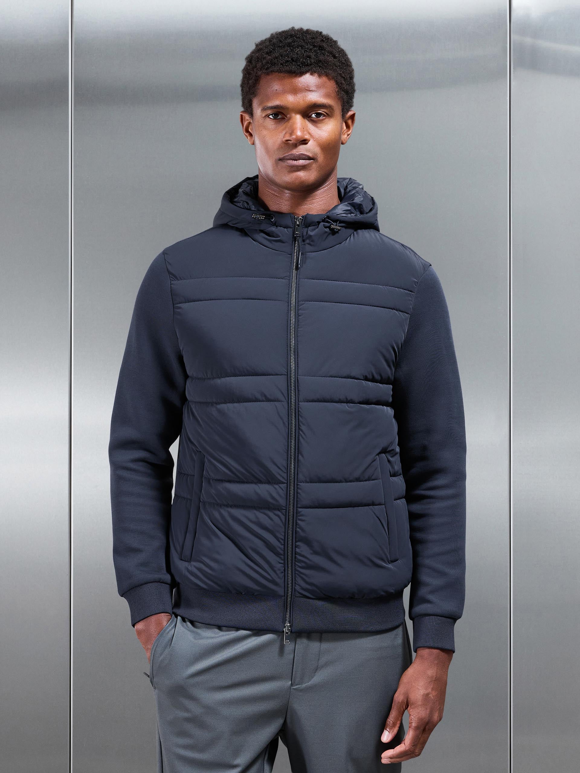 Mens Hybrid Panel Puffer Windbreaker in Navy