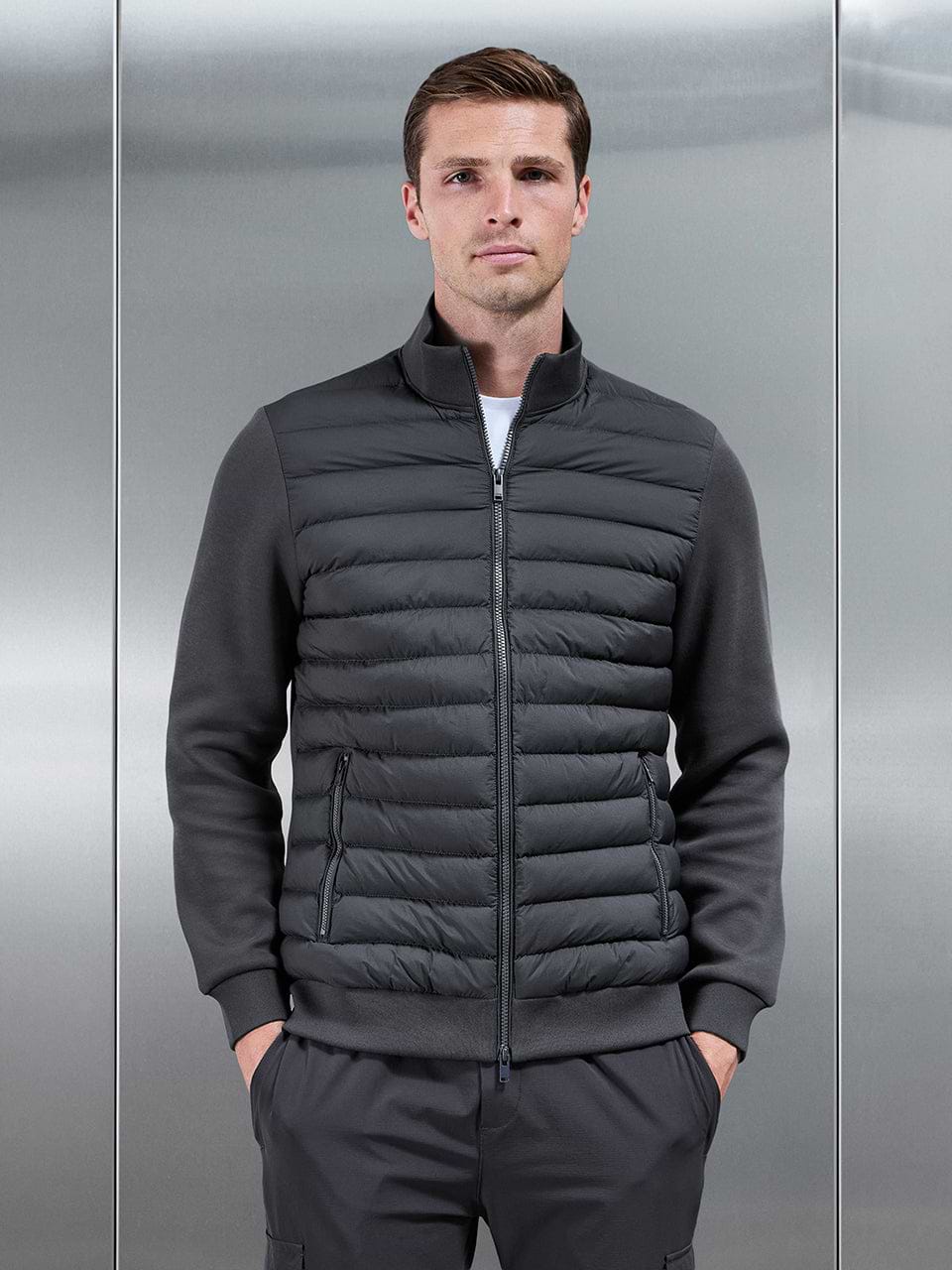 Mens Hybrid Quilted Technical Funnel Neck Jacket in Grey