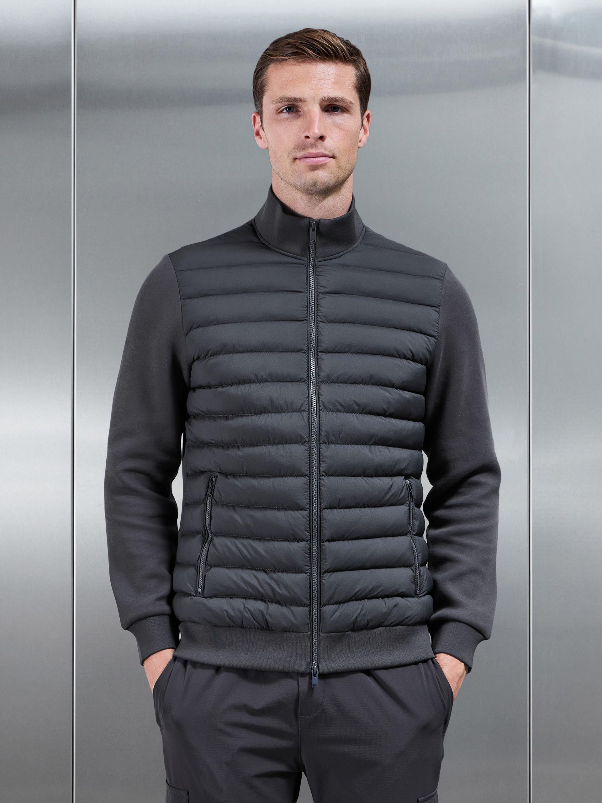 Mens Hybrid Quilted Technical Funnel Neck Jacket in Grey