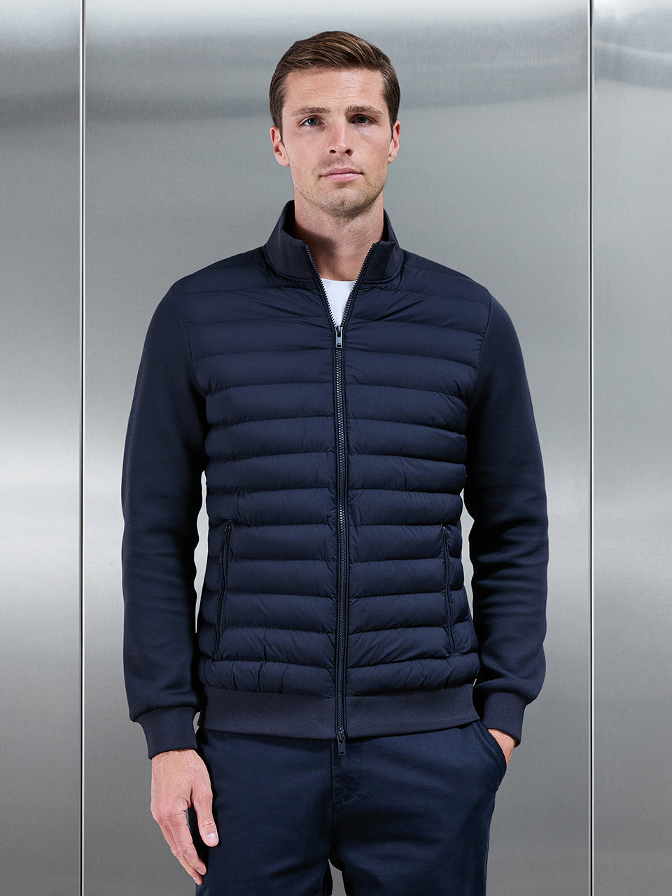 Mens Hybrid Quilted Technical Funnel Neck Jacket in Navy