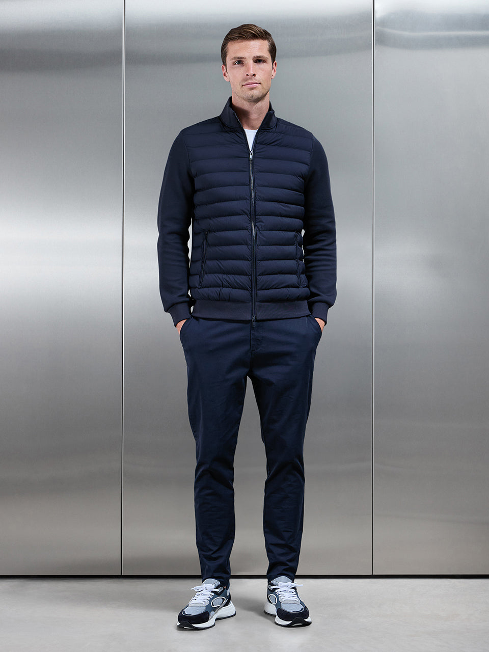Mens Hybrid Quilted Technical Funnel Neck Jacket in Navy