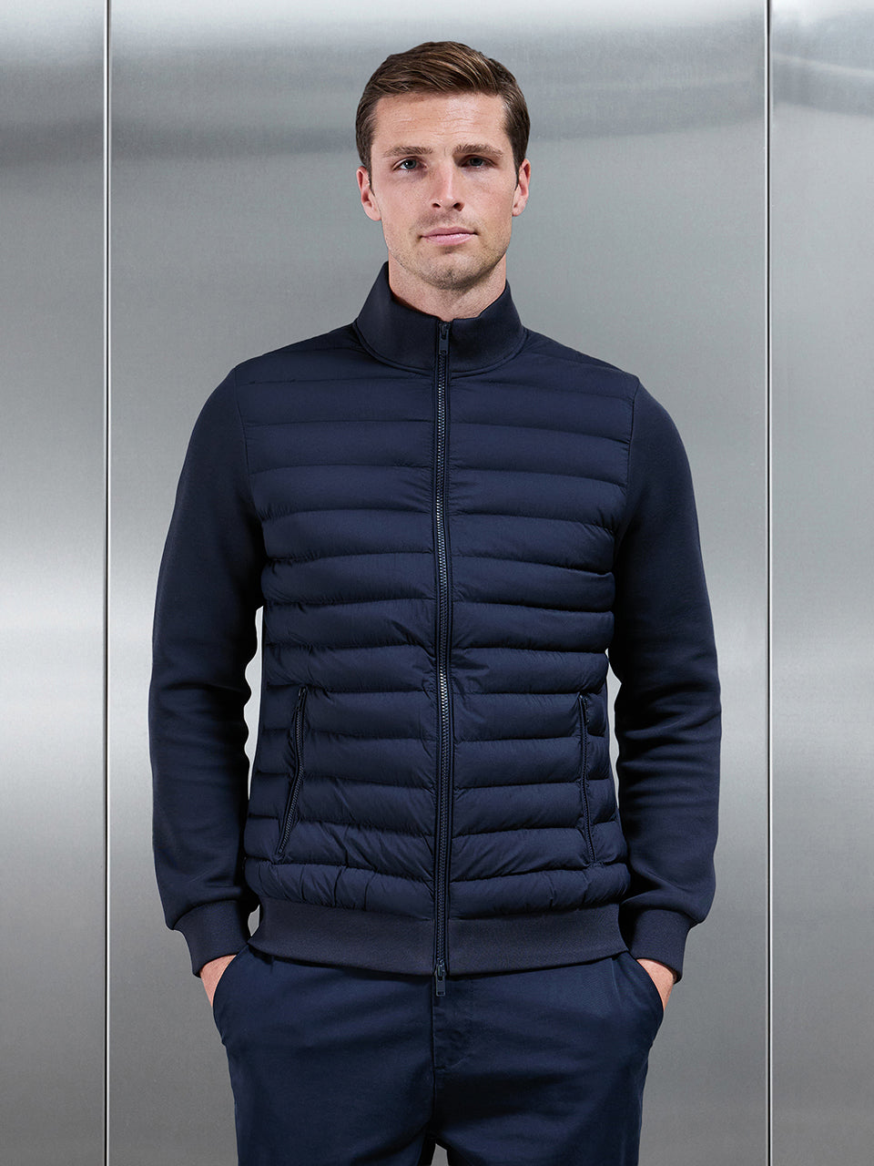 Mens Hybrid Quilted Technical Funnel Neck Jacket in Navy