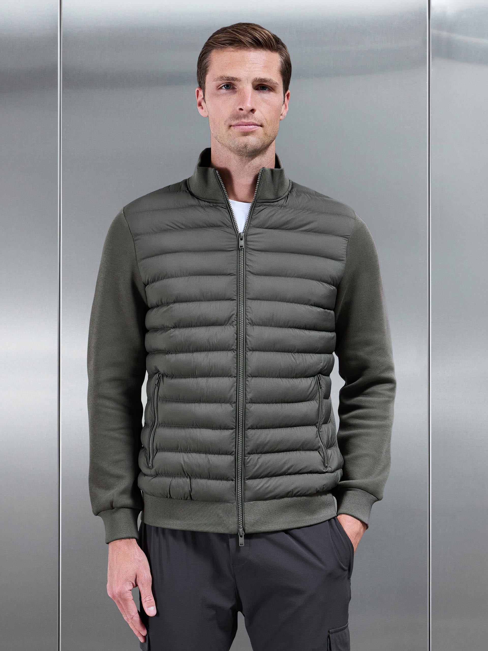 Mens Hybrid Quilted Technical Funnel Neck Jacket in Olive