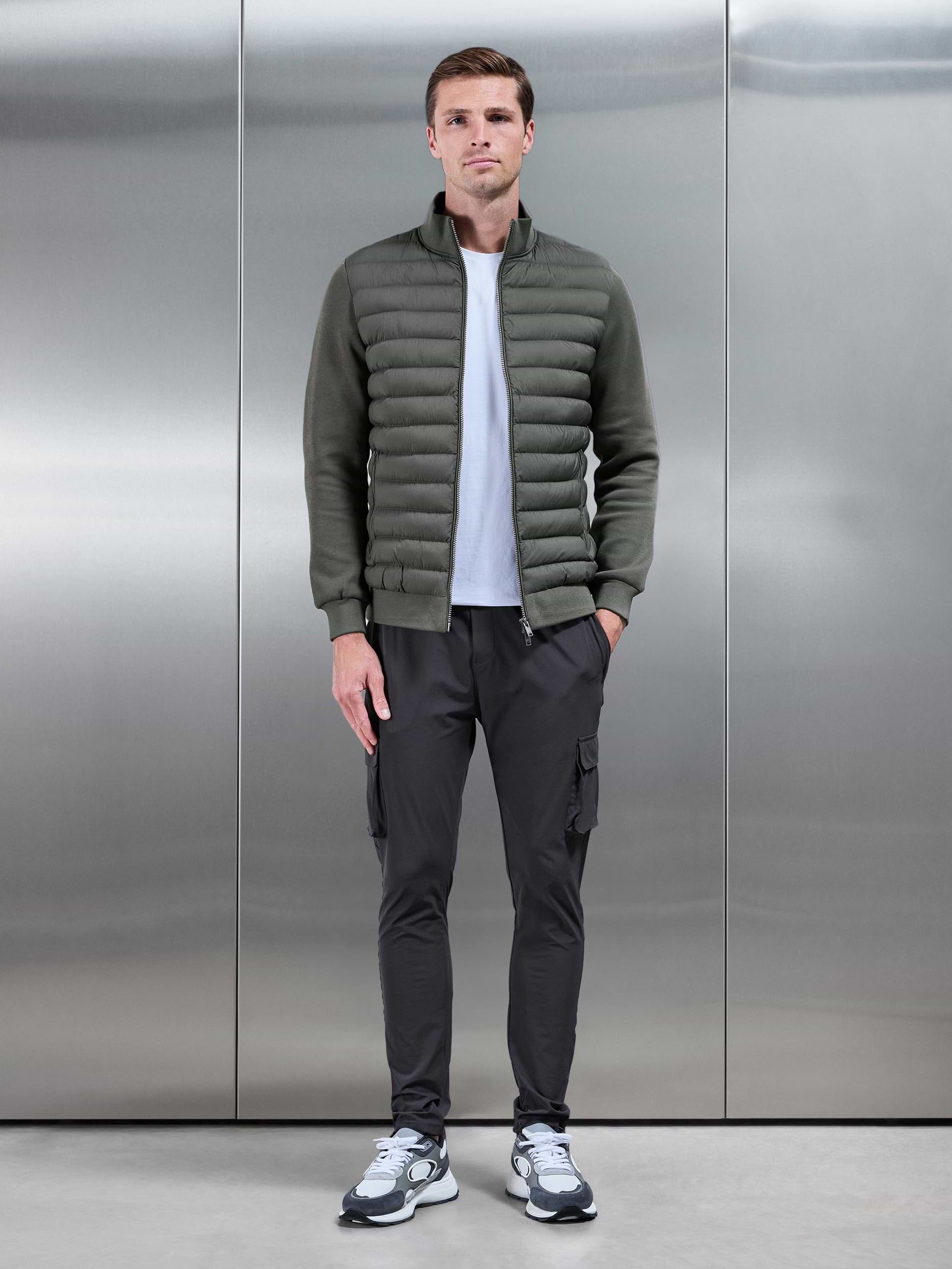 Mens Hybrid Quilted Technical Funnel Neck Jacket in Olive