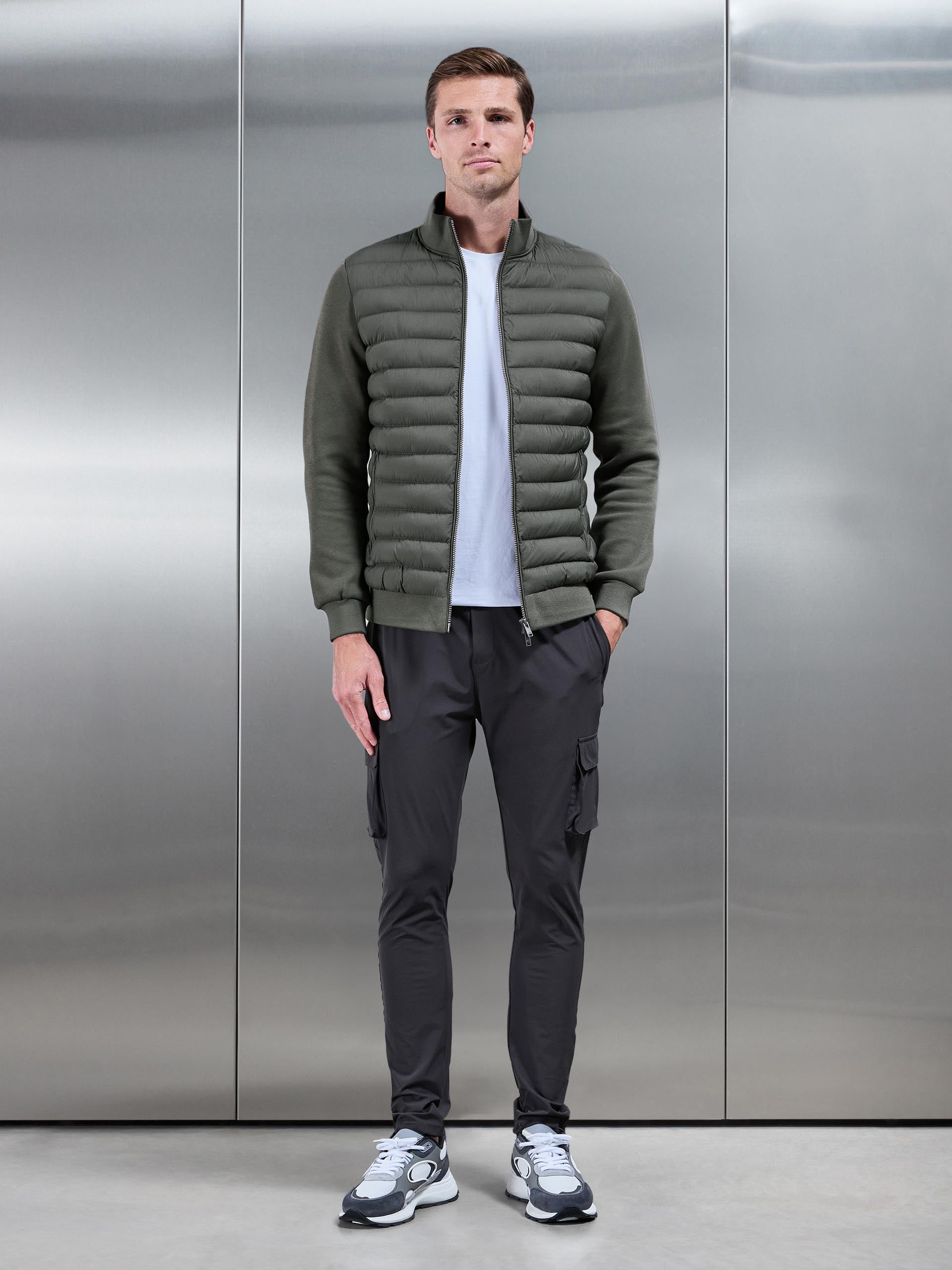 Mens Hybrid Quilted Technical Funnel Neck Jacket in Olive