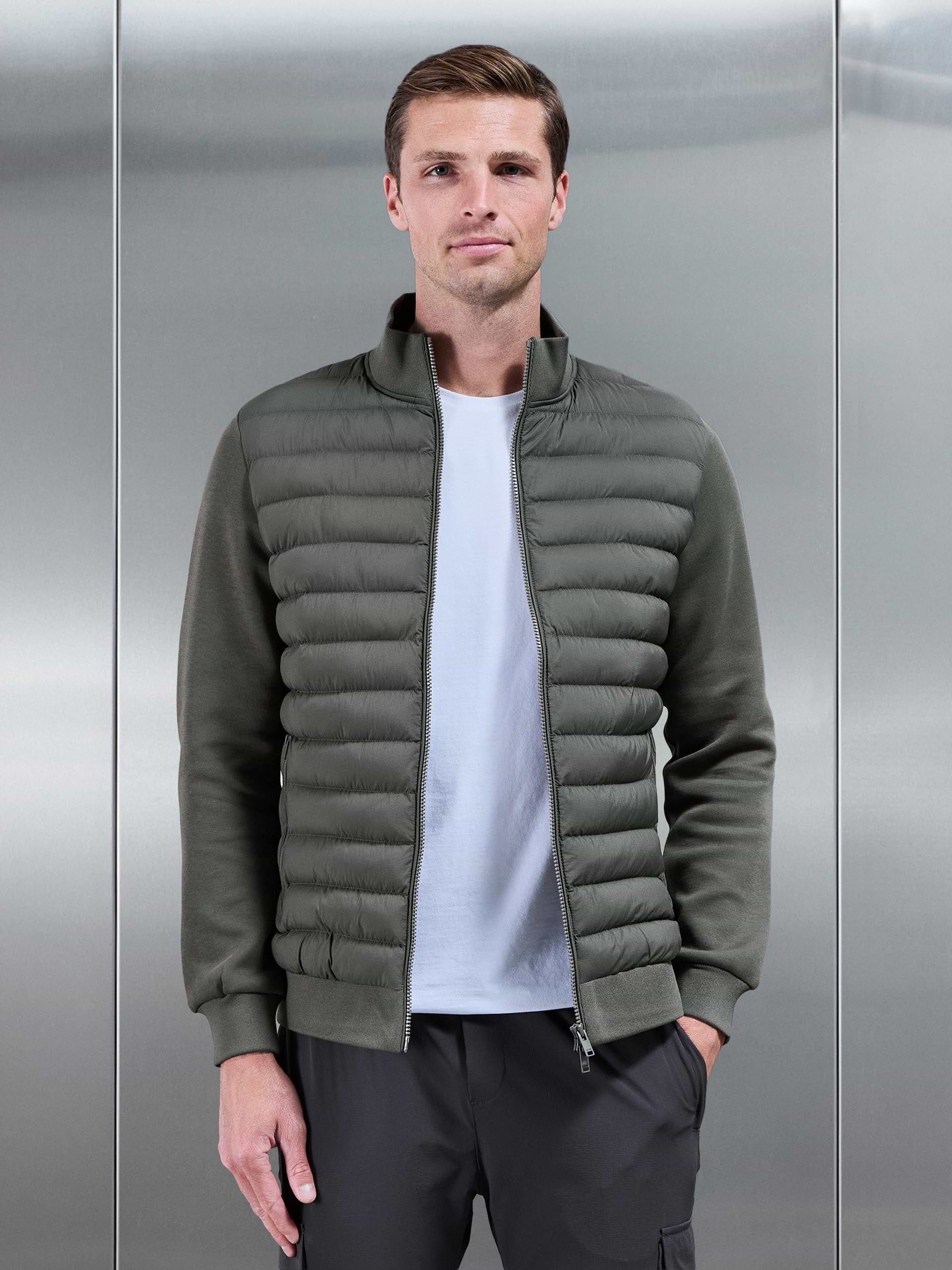 Hybrid Quilted Technical Funnel Neck Jacket in Olive