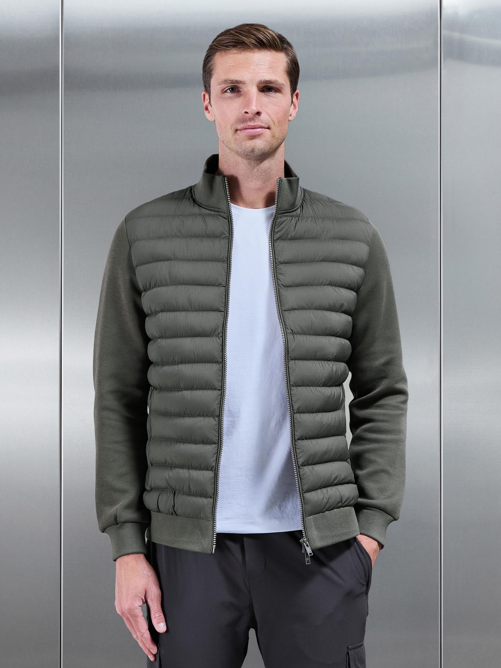 Mens Hybrid Quilted Technical Funnel Neck Jacket in Olive