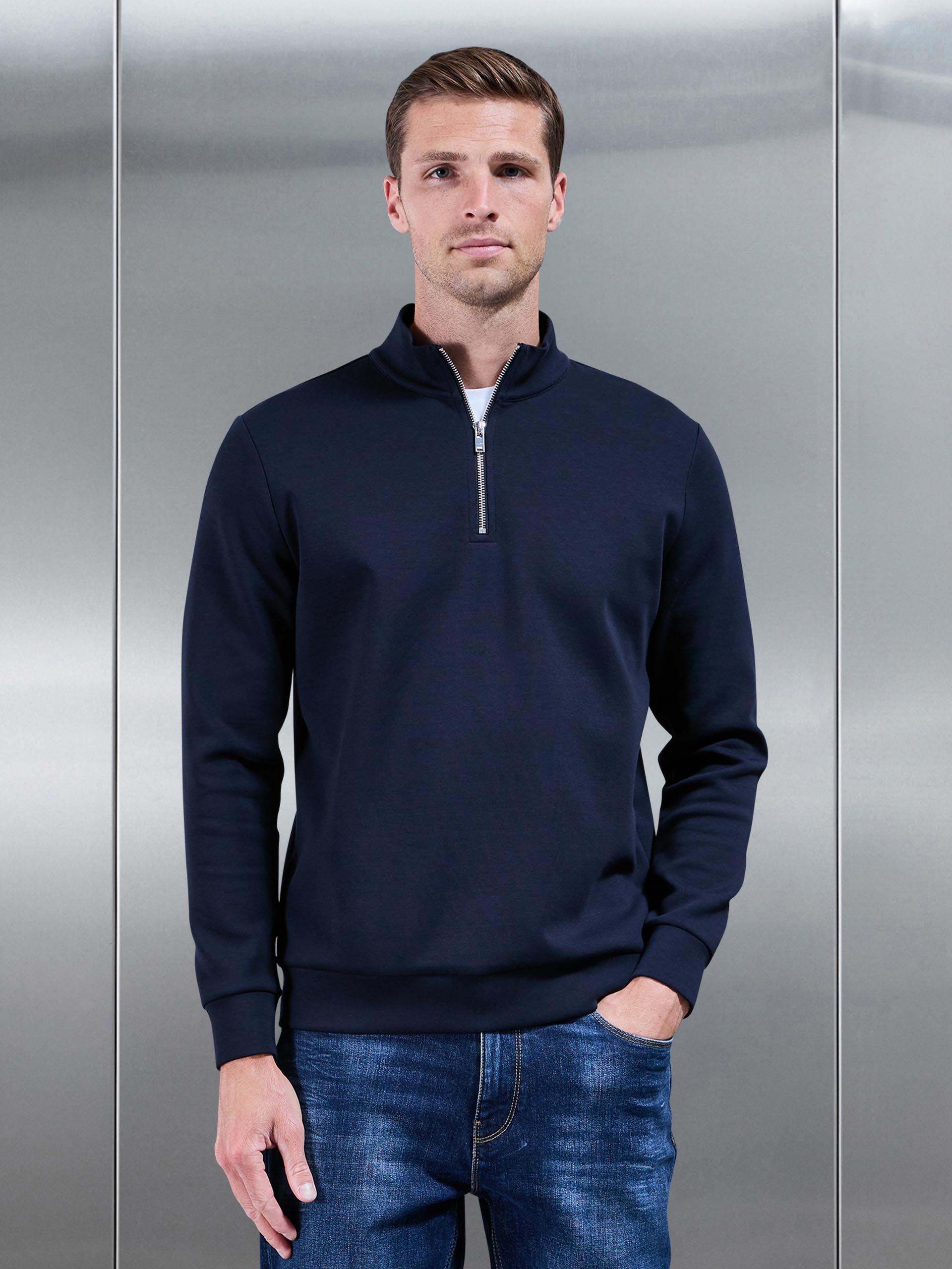 Mens Interlock Jersey Half Zip in Navy
