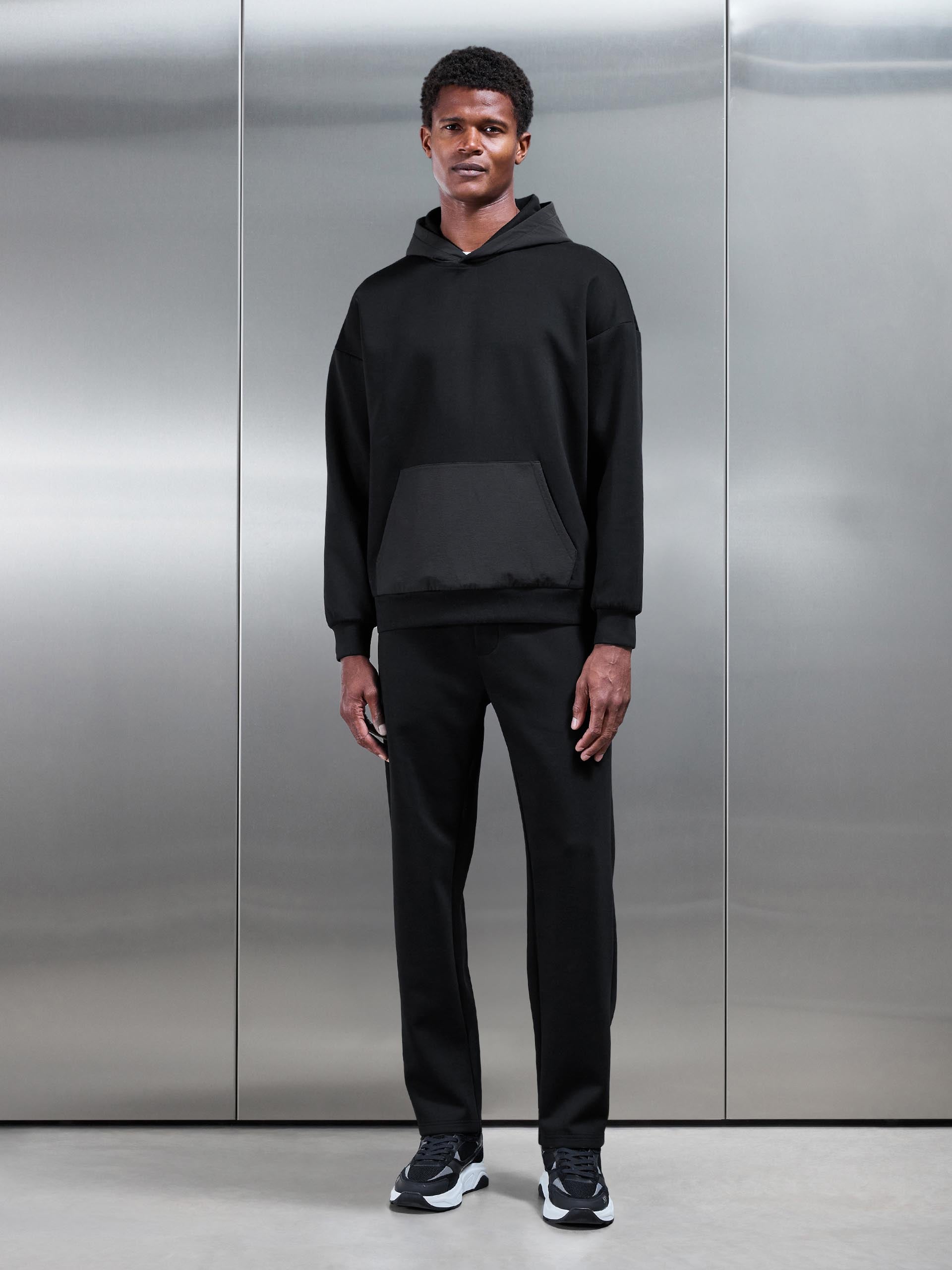Mens Interlock Jersey Hybrid Relaxed Hoodie in Black