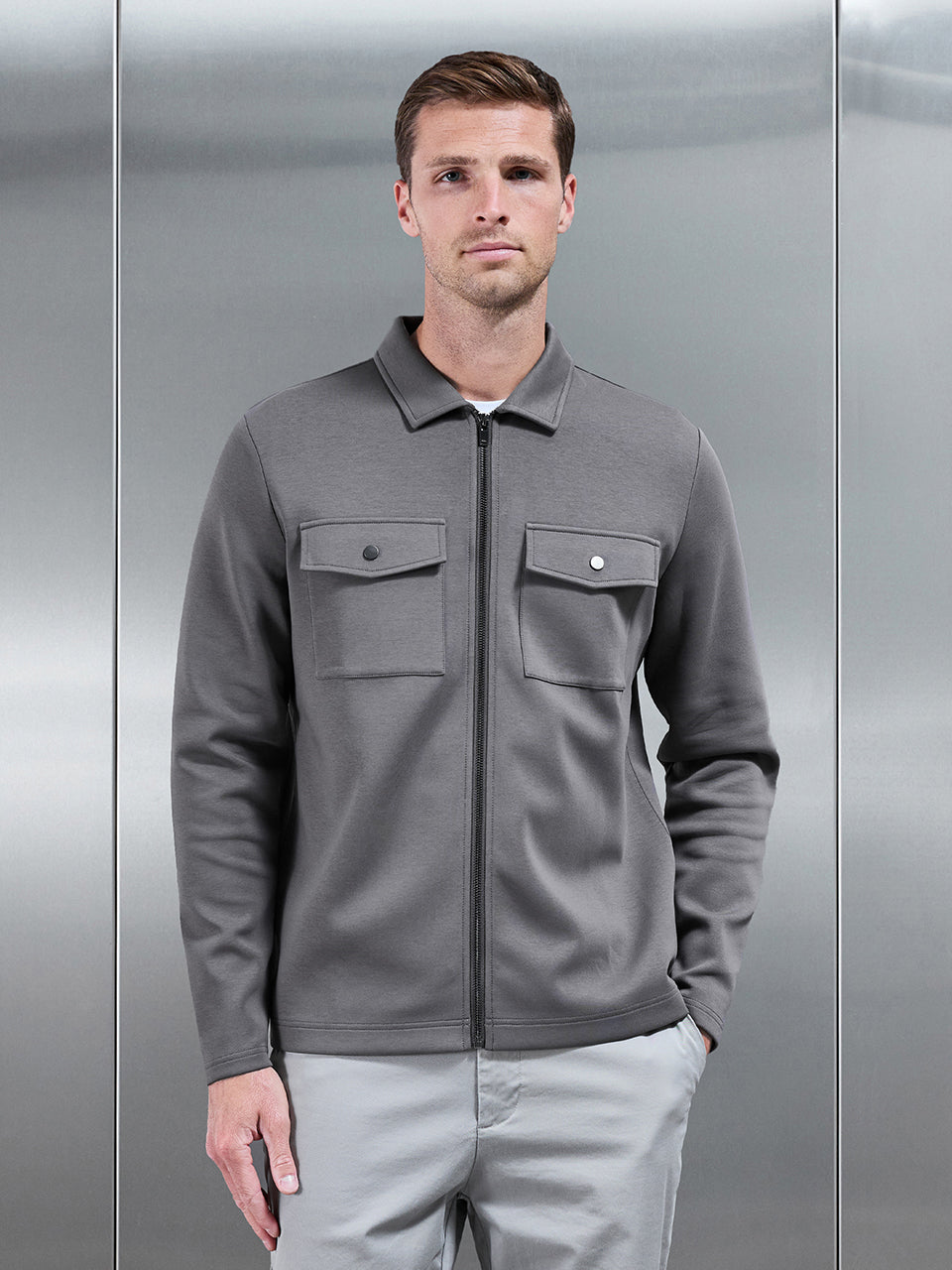Mens Interlock Jersey Pocket Zip Through Overshirt in Charcoal