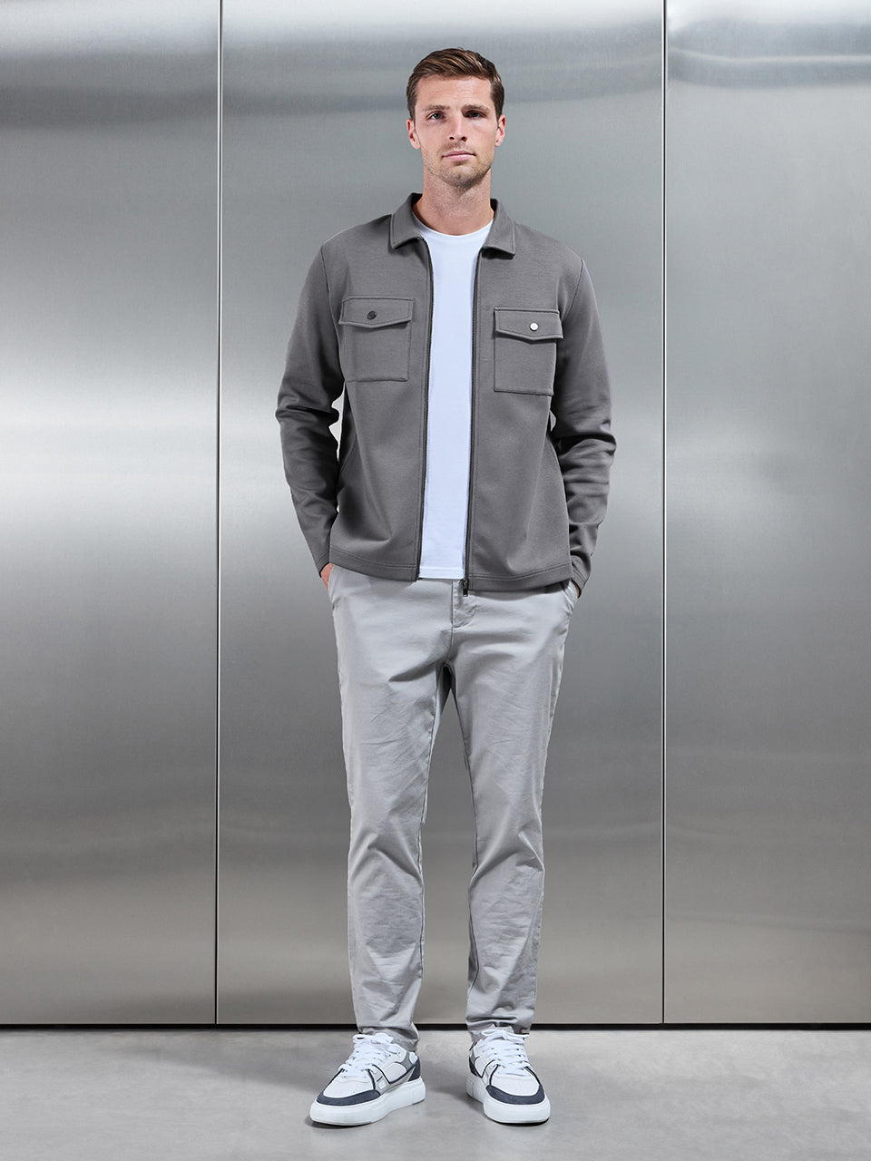 Mens Interlock Jersey Pocket Zip Through Overshirt in Charcoal