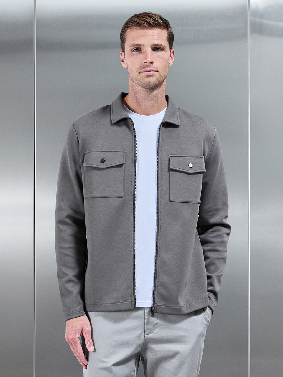Mens Interlock Jersey Pocket Zip Through Overshirt in Charcoal