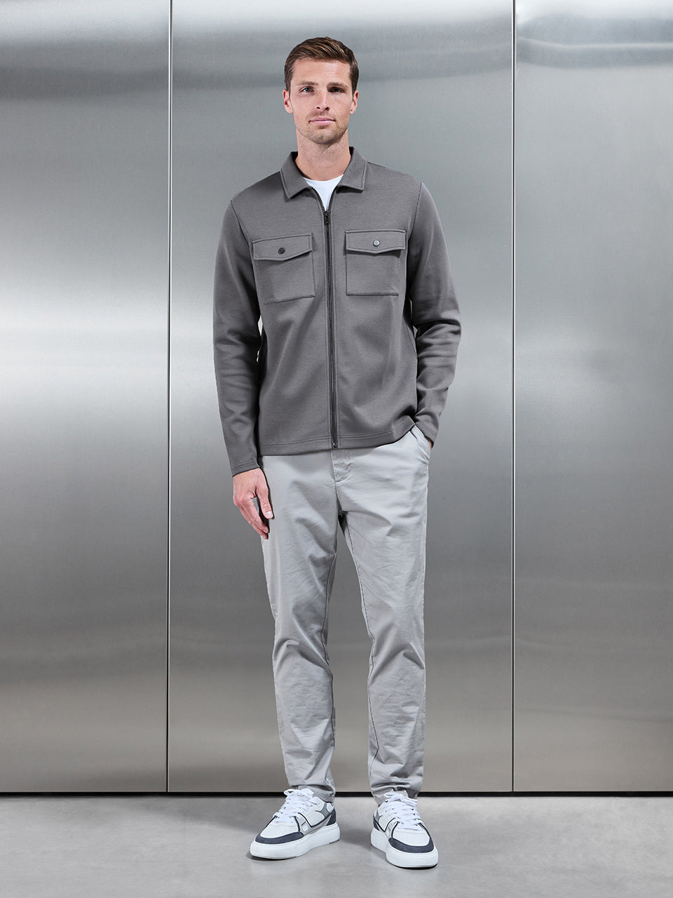 Mens Interlock Jersey Pocket Zip Through Overshirt in Charcoal