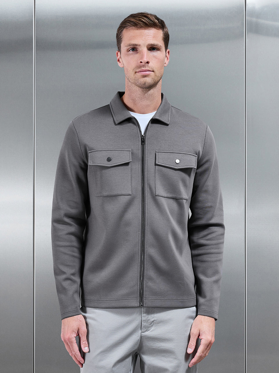 Mens Interlock Jersey Pocket Zip Through Overshirt in Charcoal