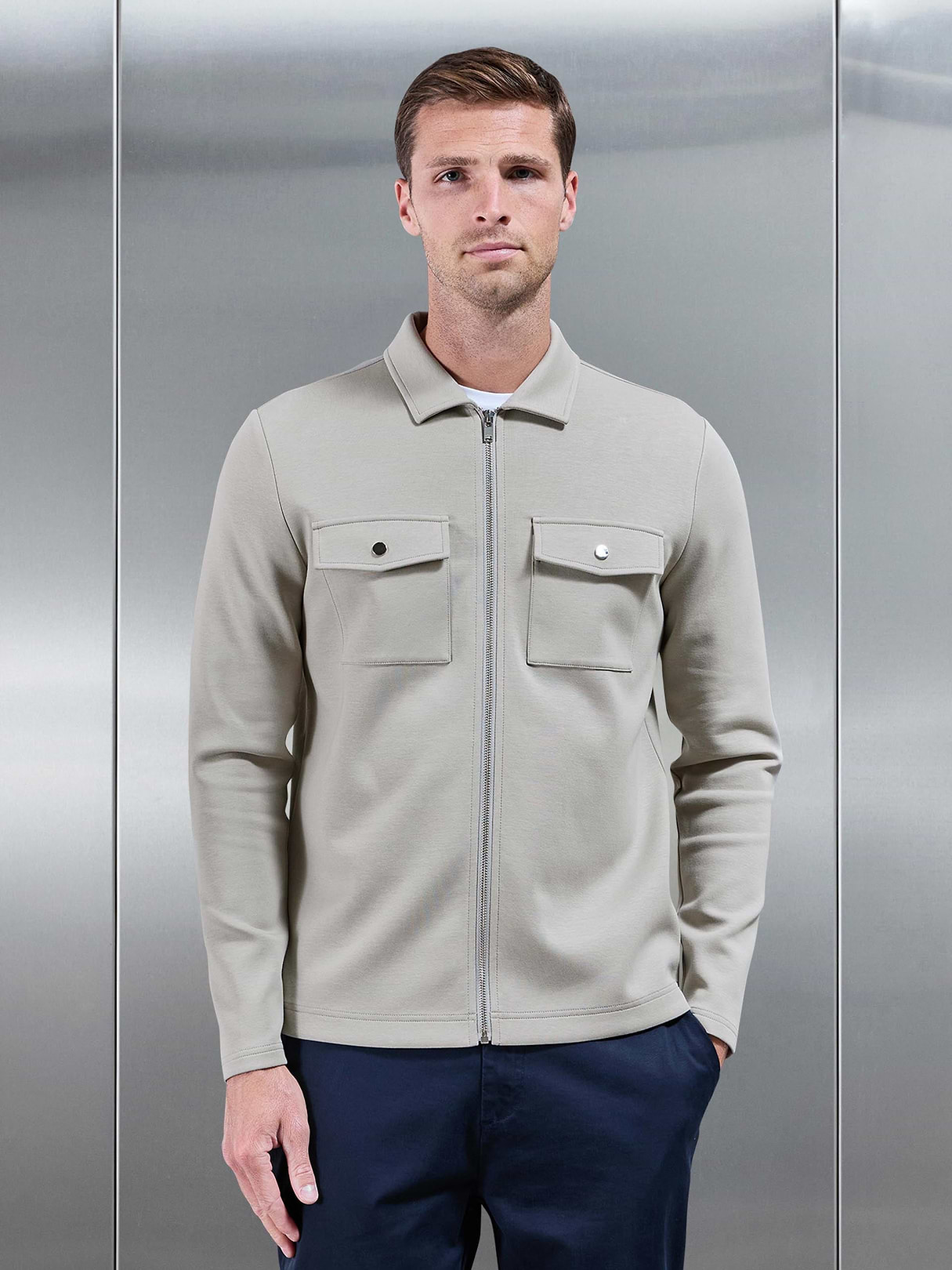 Interlock Jersey Pocket Zip Through Overshirt in Stone | ARNE UK
