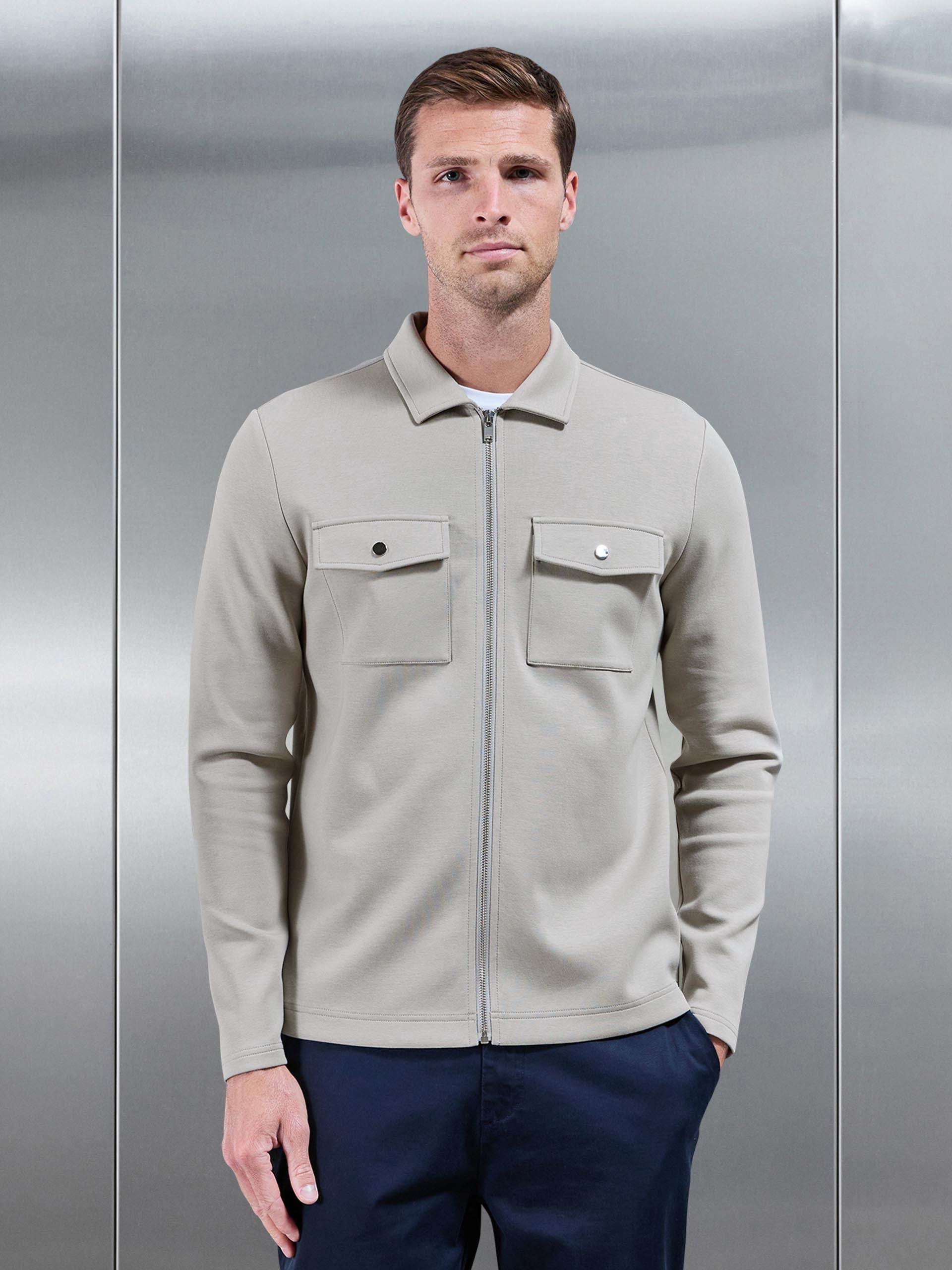 Mens Interlock Jersey Pocket Zip Through Overshirt in Stone