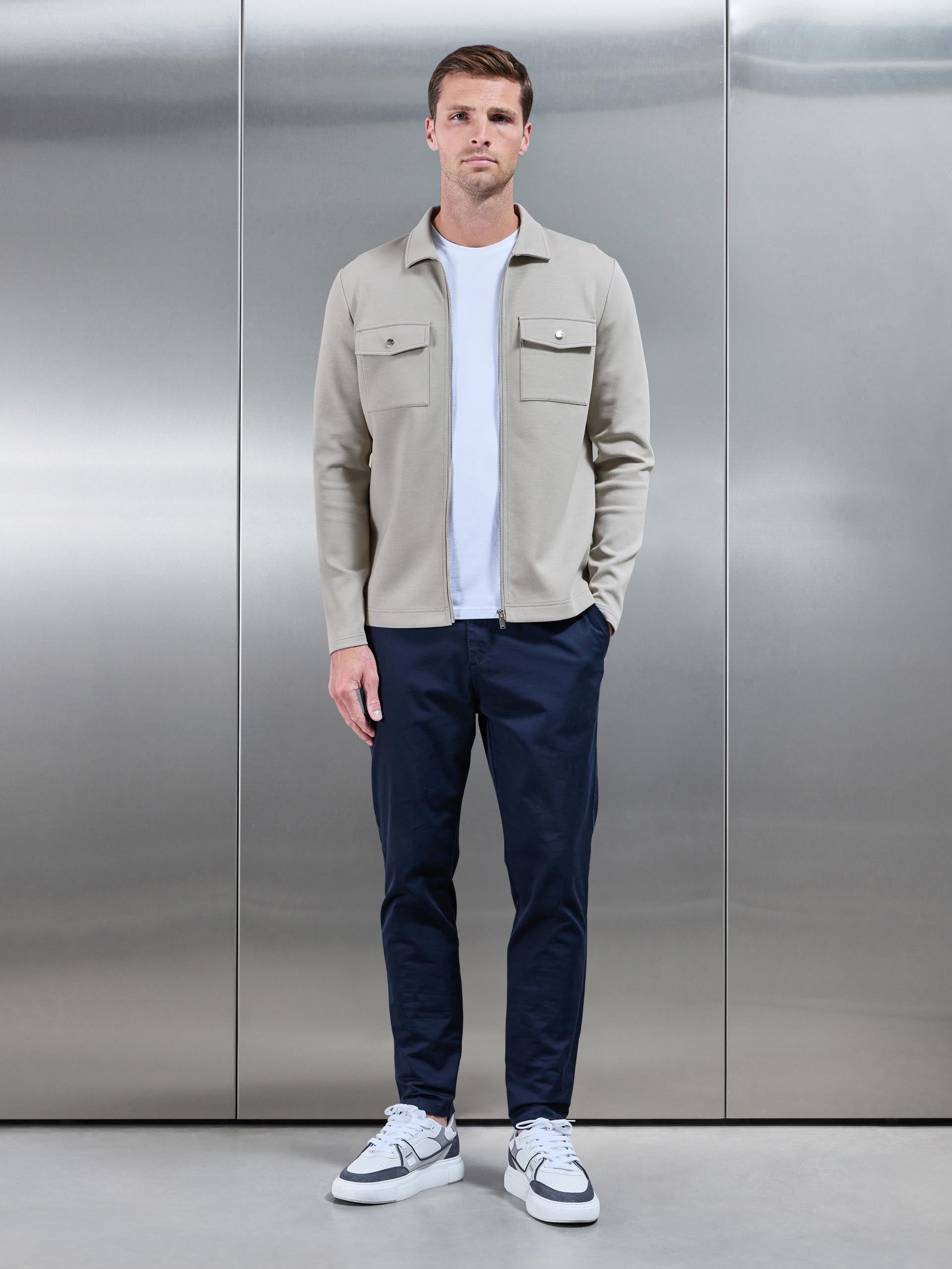 Mens Interlock Jersey Pocket Zip Through Overshirt in Stone