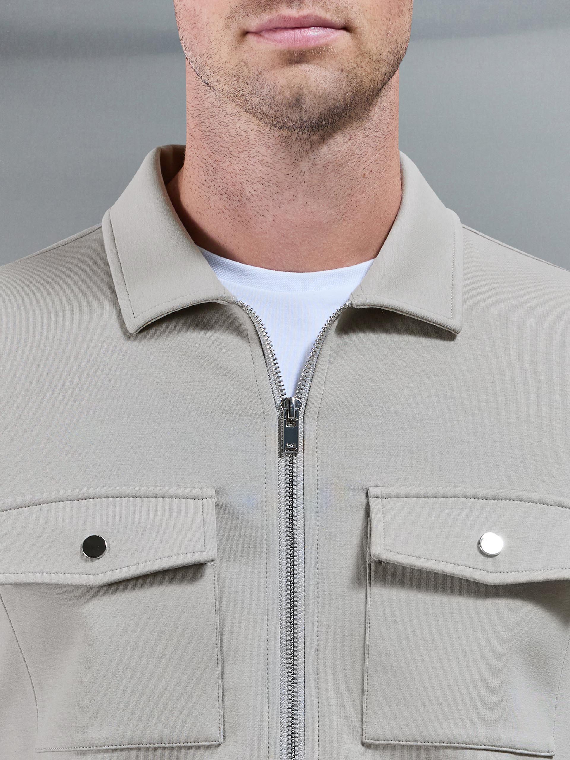 Mens Interlock Jersey Pocket Zip Through Overshirt in Stone