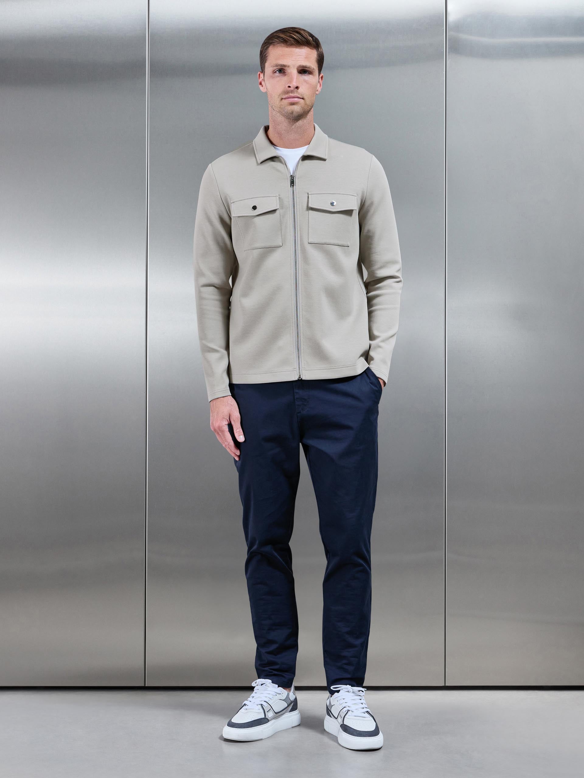 Mens Interlock Jersey Pocket Zip Through Overshirt in Stone