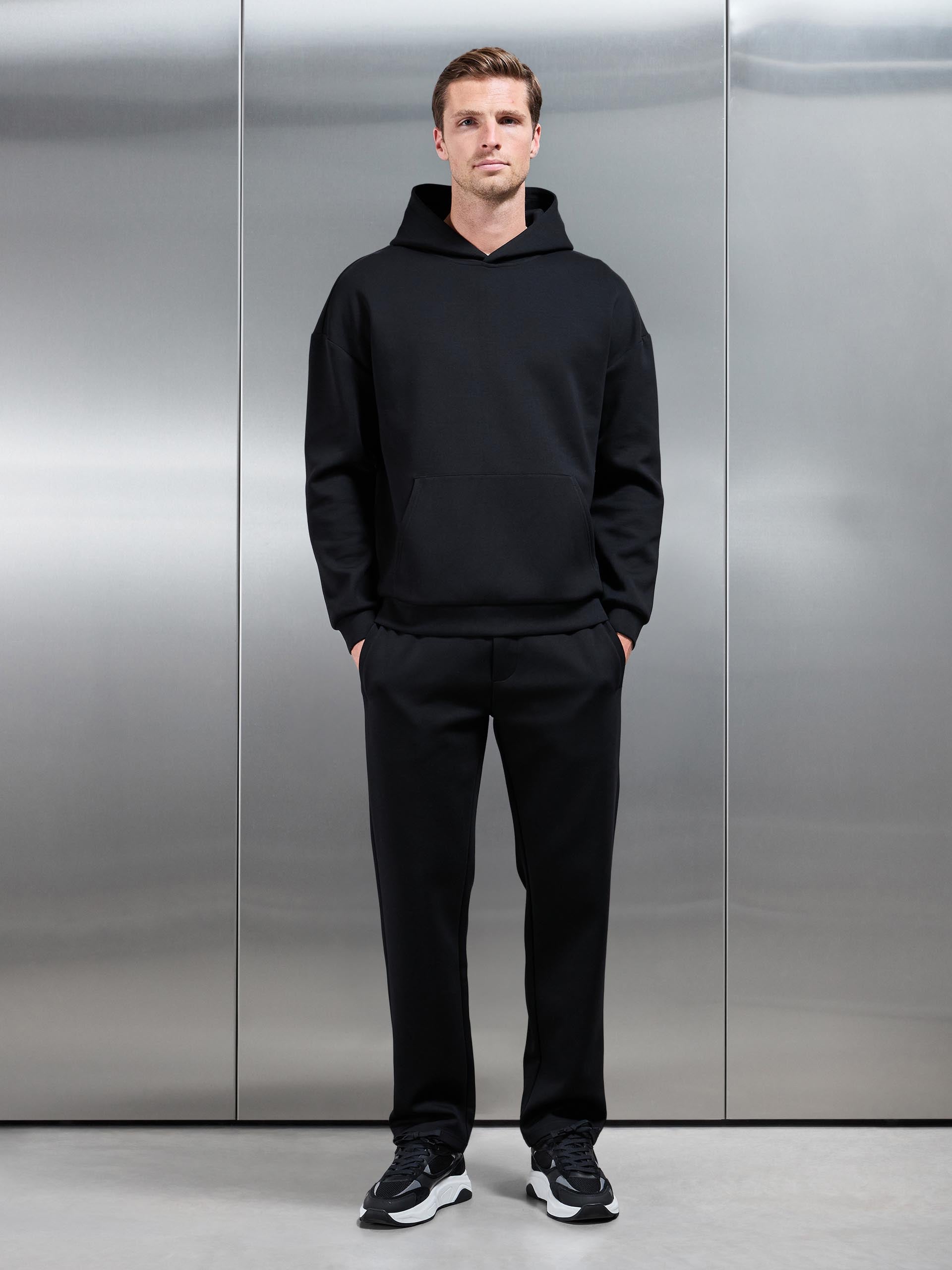 Mens Interlock Jersey Relaxed Fit Hoodie in Black