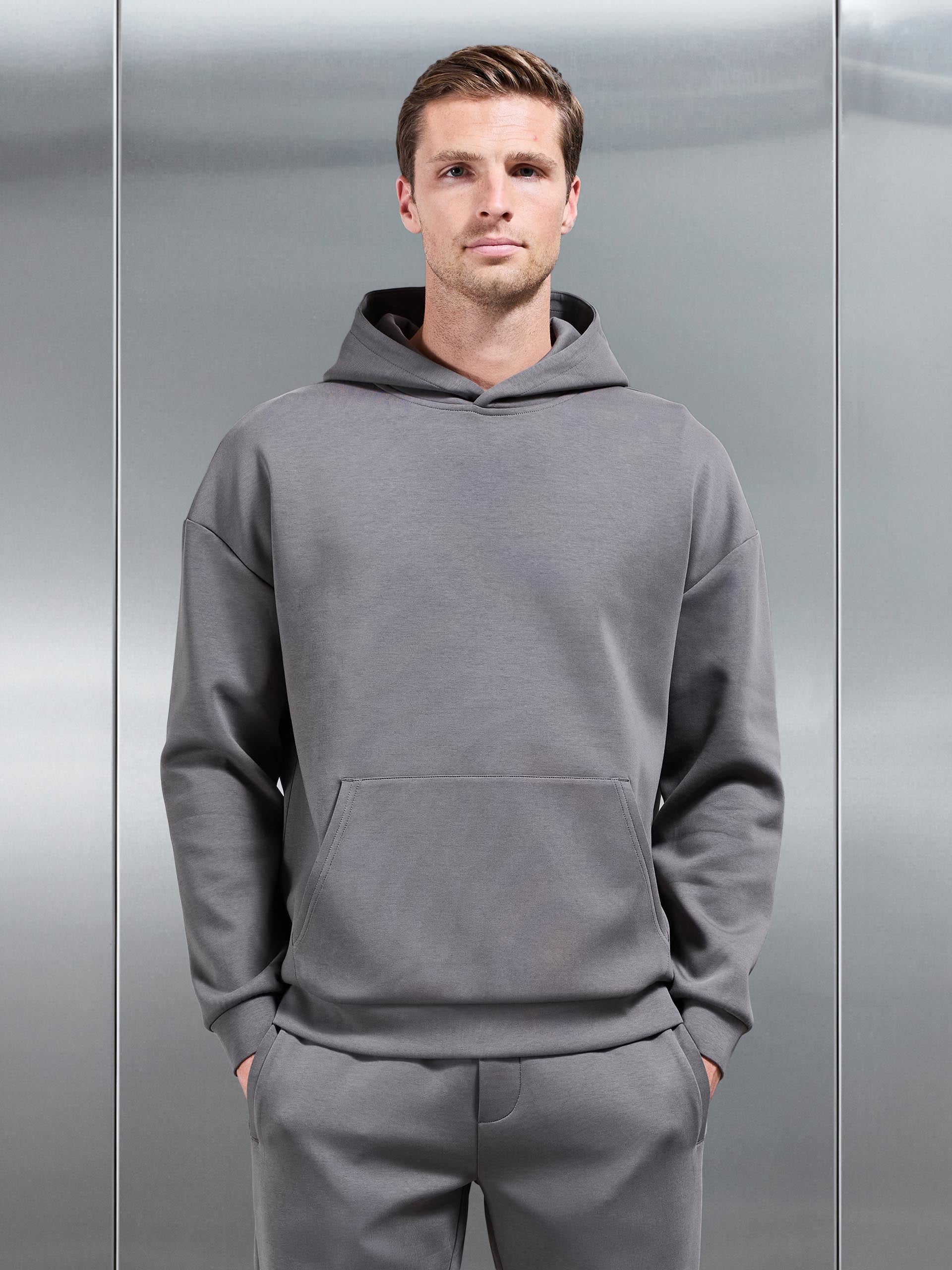Mens Interlock Jersey Relaxed Fit Hoodie in Charcoal