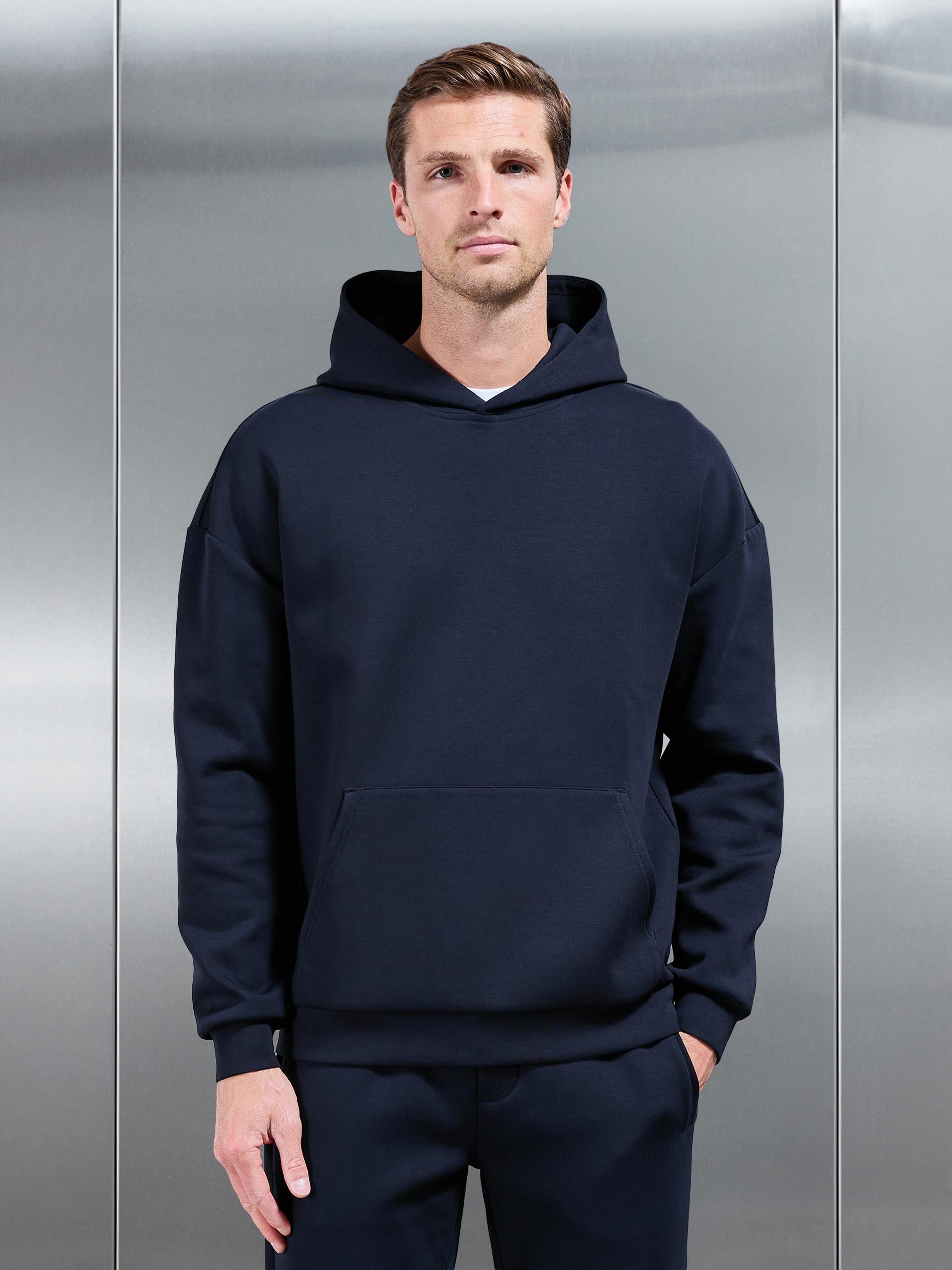 Mens Interlock Jersey Relaxed Fit Hoodie in Navy