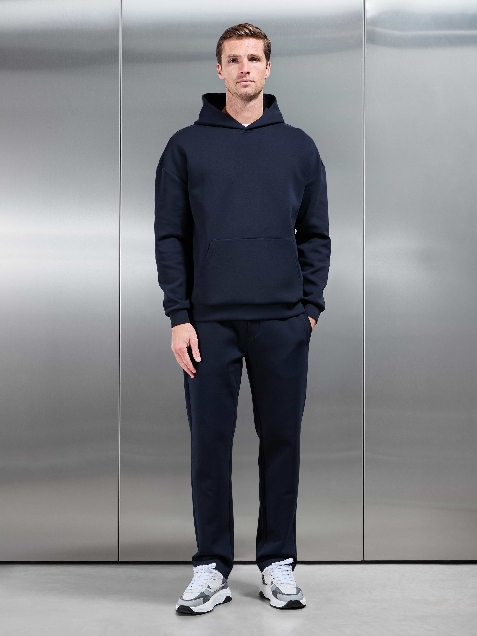 Mens Interlock Jersey Relaxed Fit Hoodie in Navy