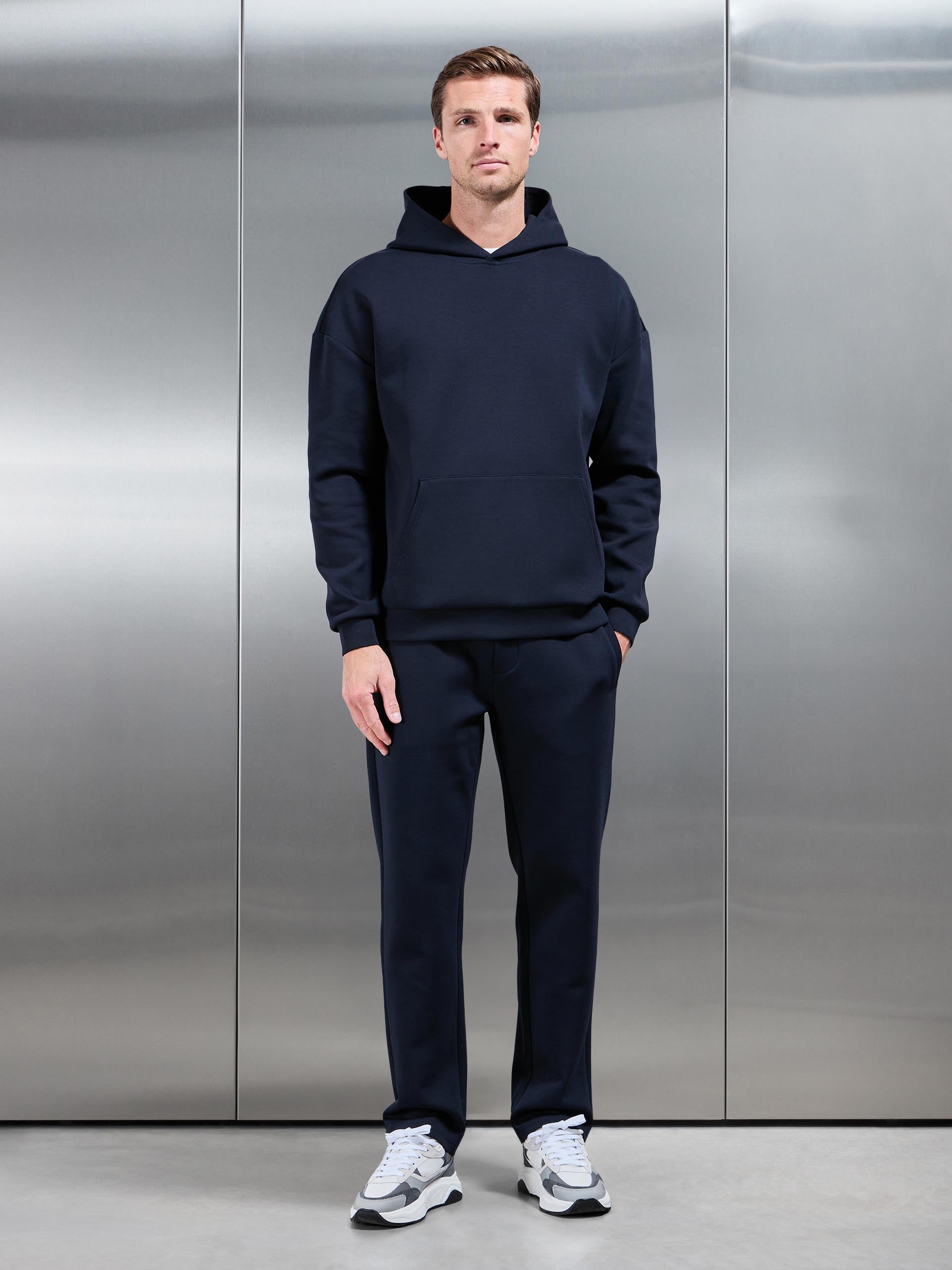 Mens Interlock Jersey Relaxed Fit Hoodie in Navy