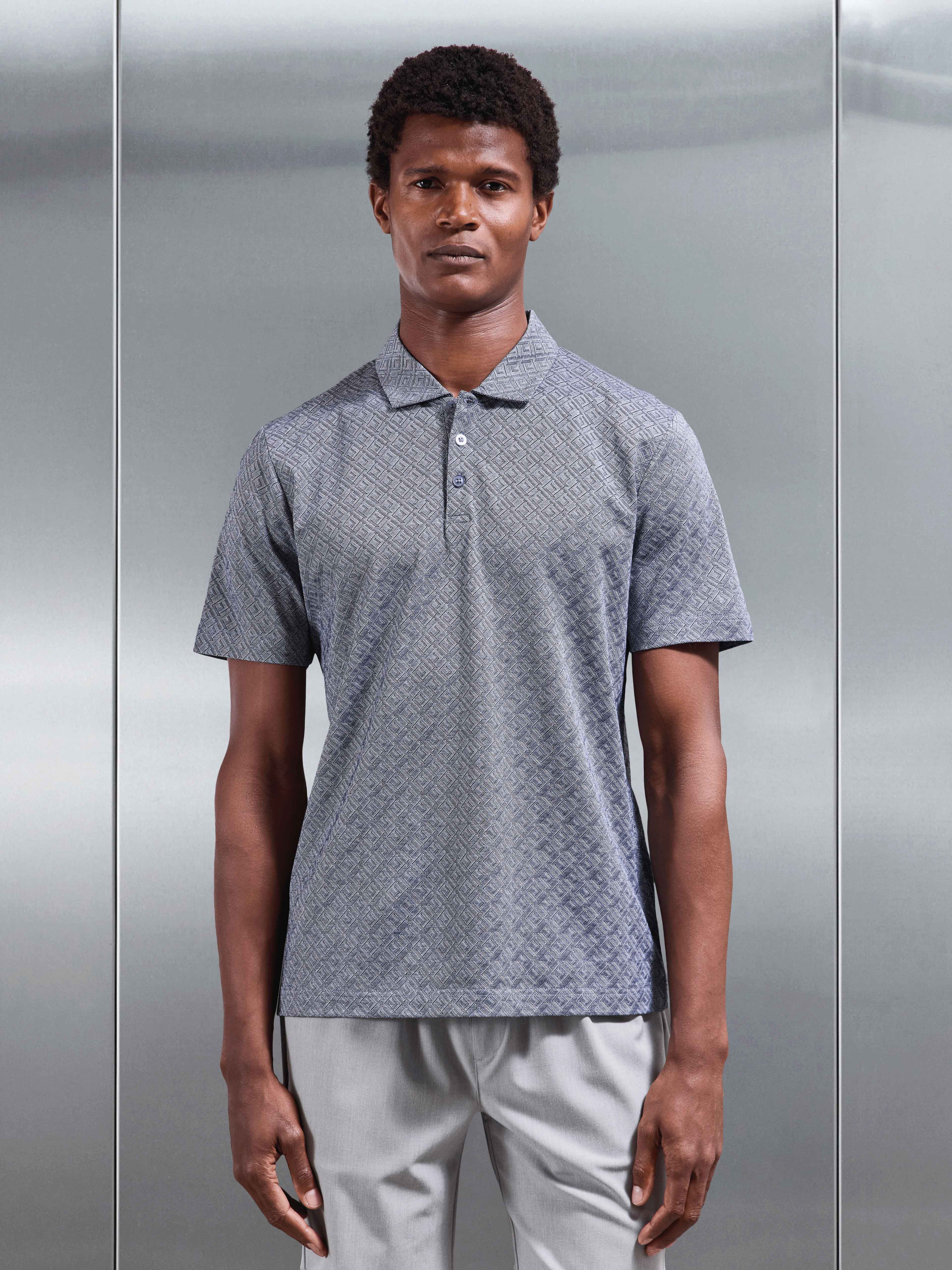 Mens Jacquard Pique Polo Shirt in Navy