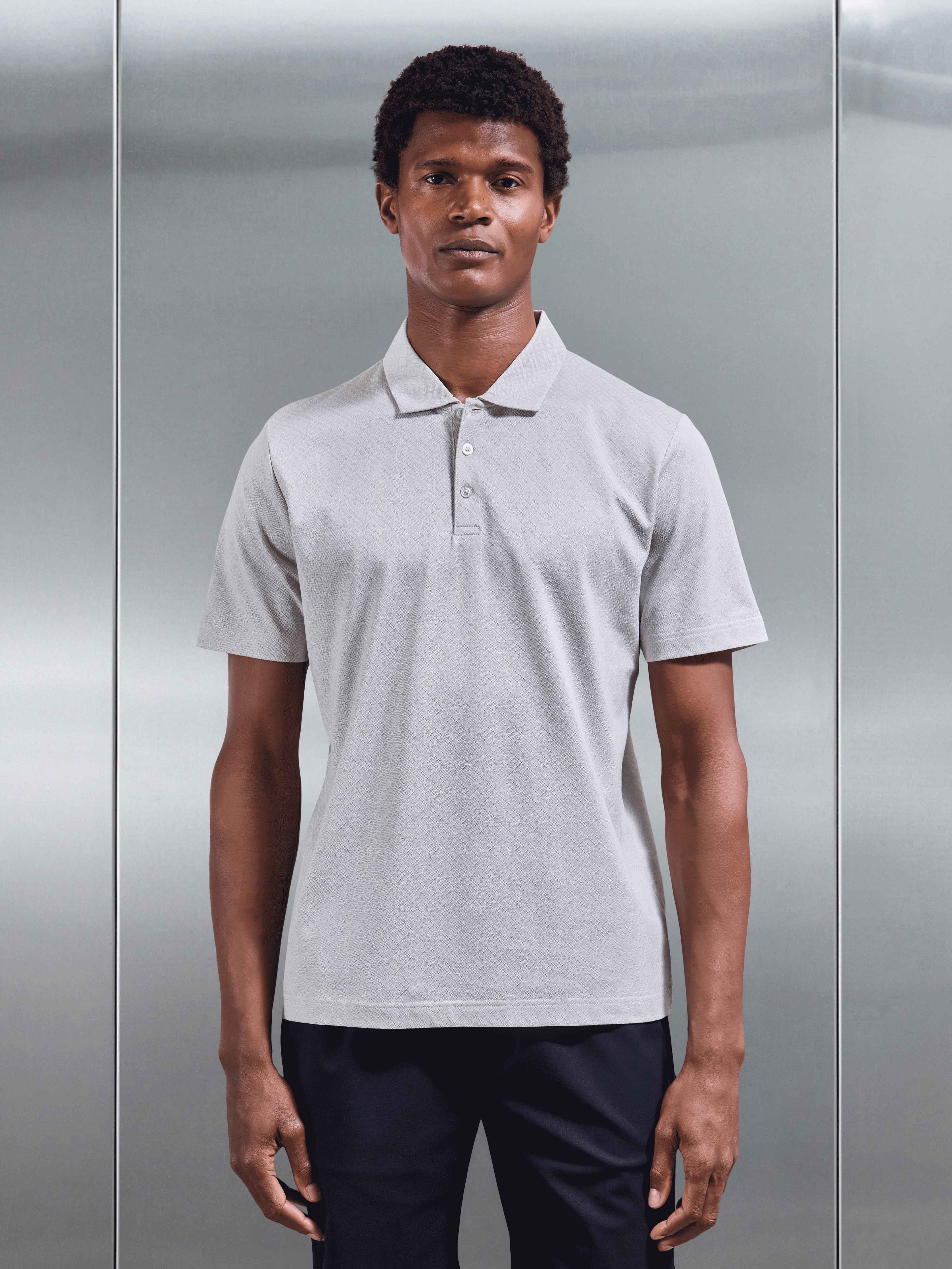 Mens Jacquard Pique Polo Shirt in Stone