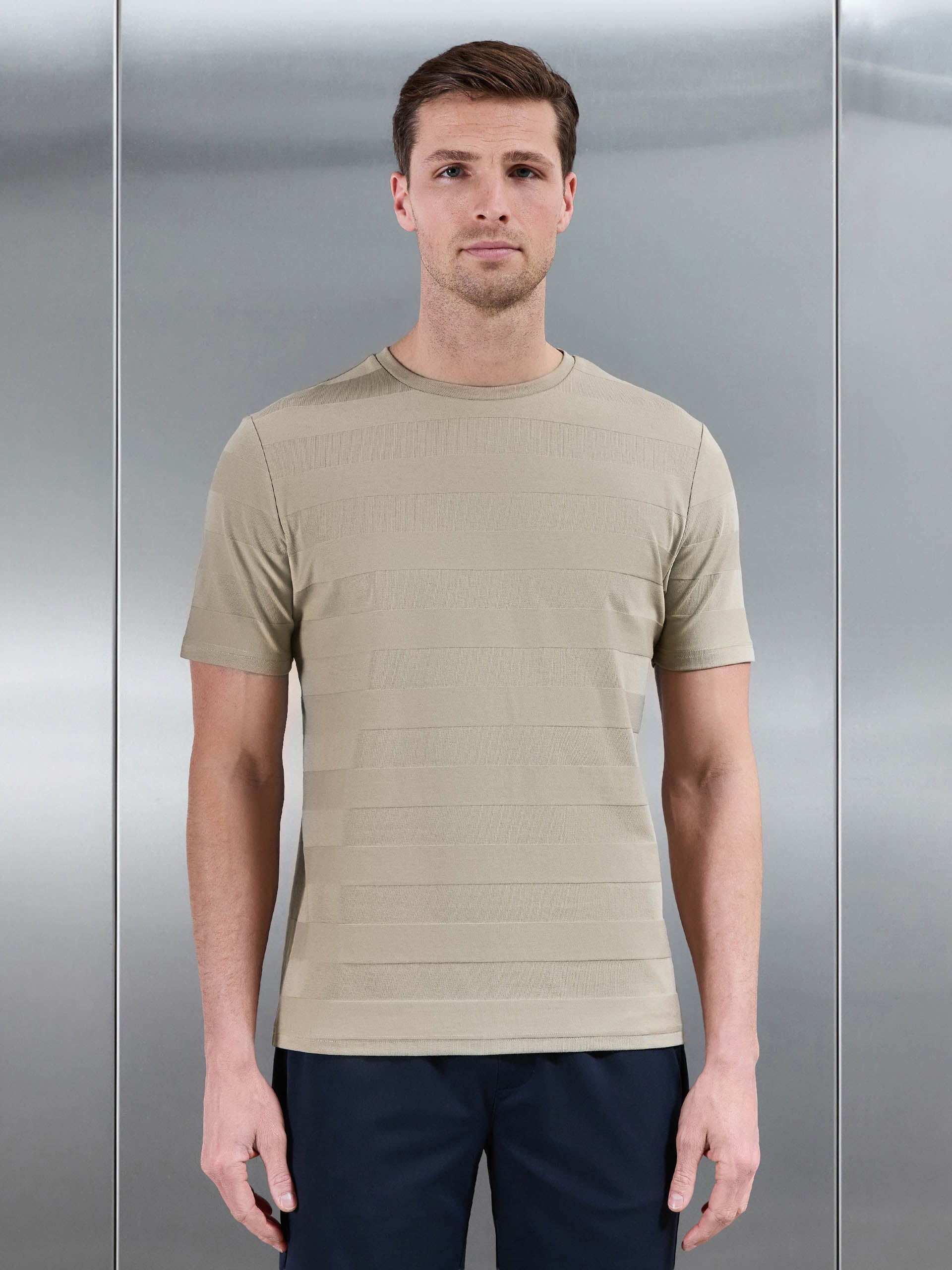 Mens Jacquard Stripe T-Shirt in Stone