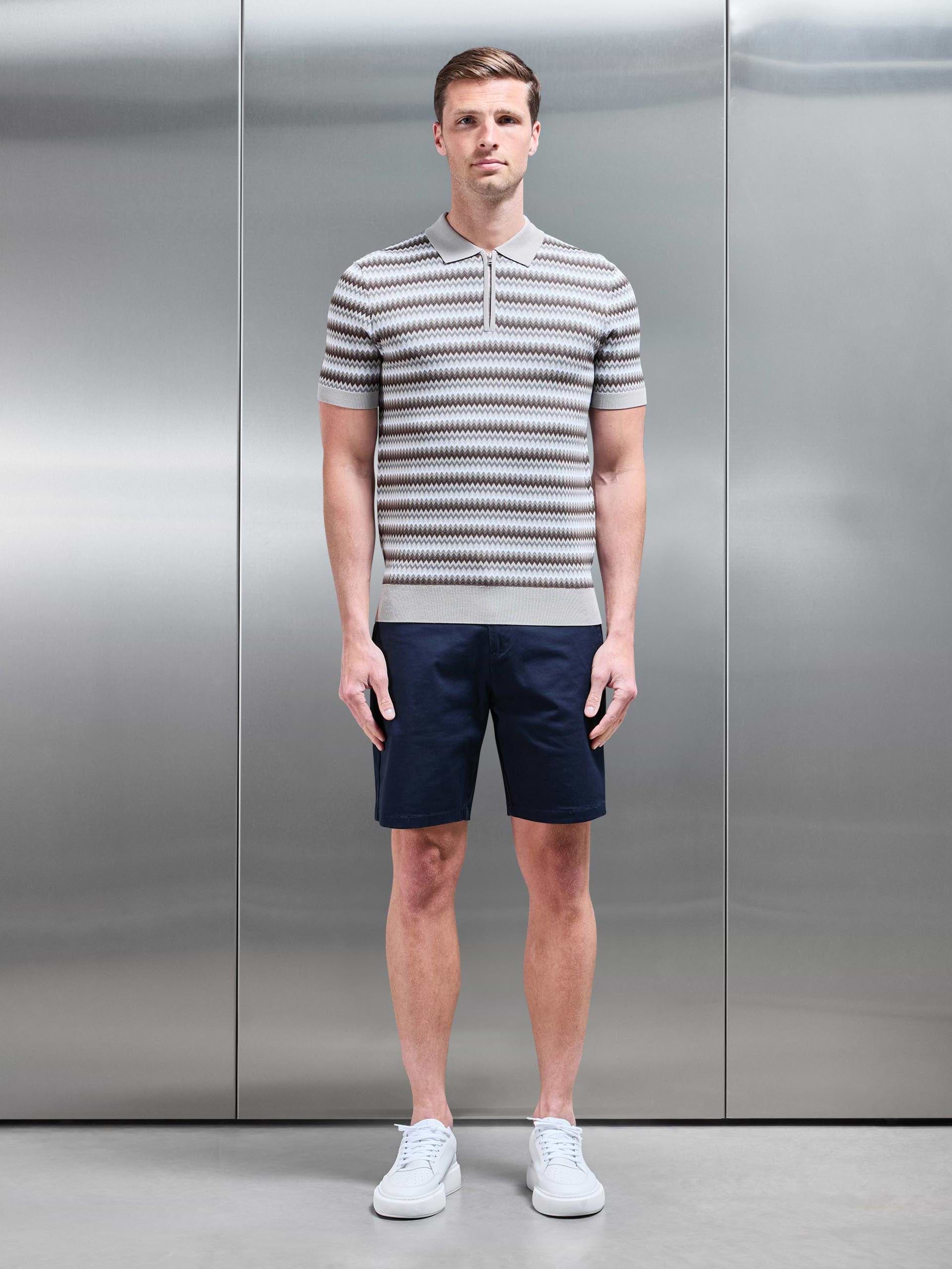 Mens Jacquard Zig Zag Knitted Zip Polo Shirt in Stone OLD