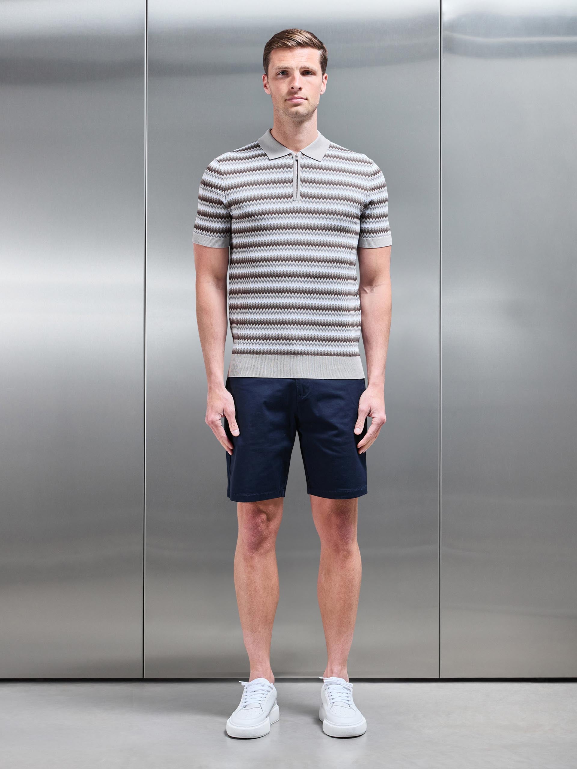 Mens Jacquard Zig Zag Knitted Zip Polo Shirt in Stone OLD