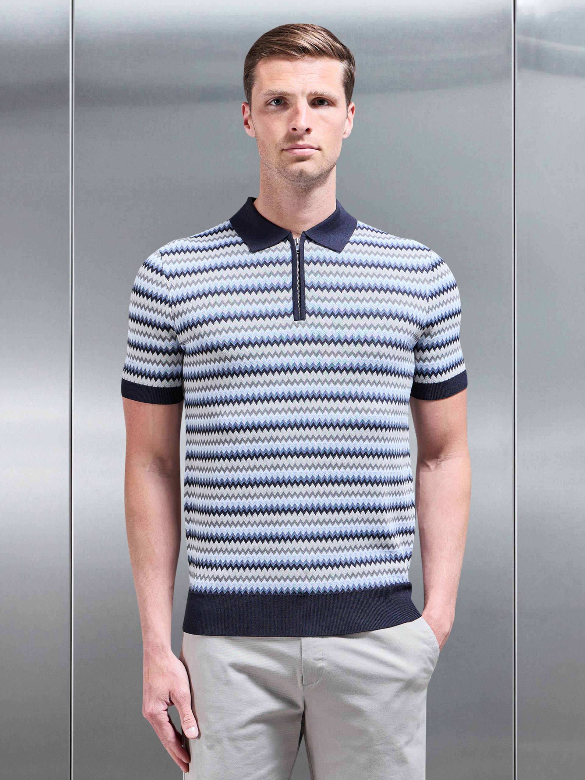 Mens Jacquard Zig Zag Knitted Zip Polo Shirt in Navy
