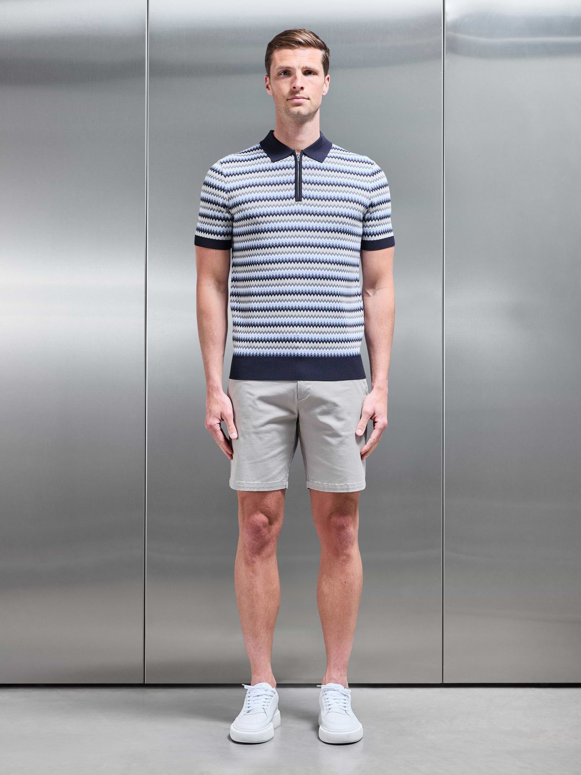 Mens Jacquard Zig Zag Knitted Zip Polo Shirt in Navy