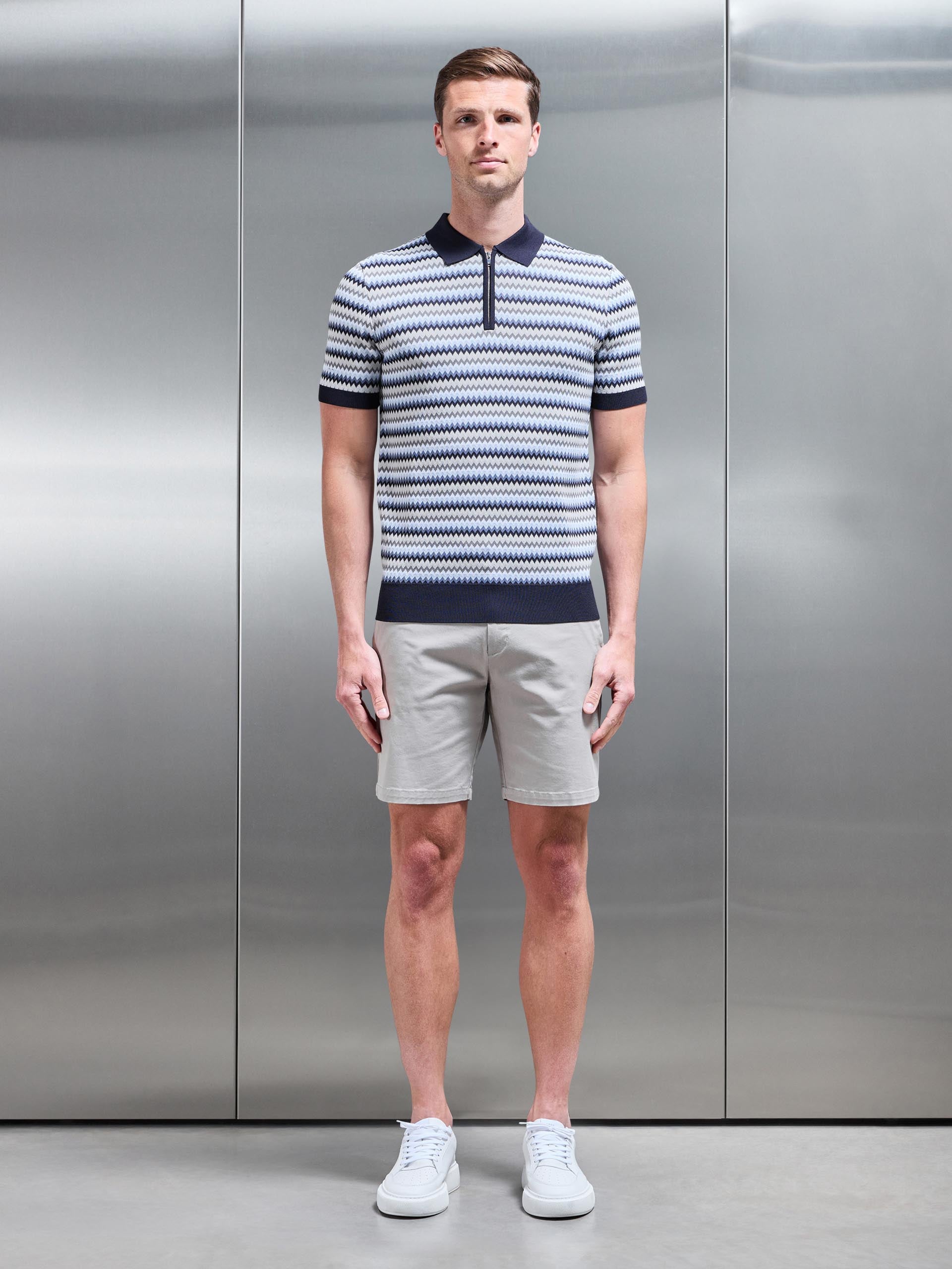Mens Jacquard Zig Zag Knitted Zip Polo Shirt in Navy