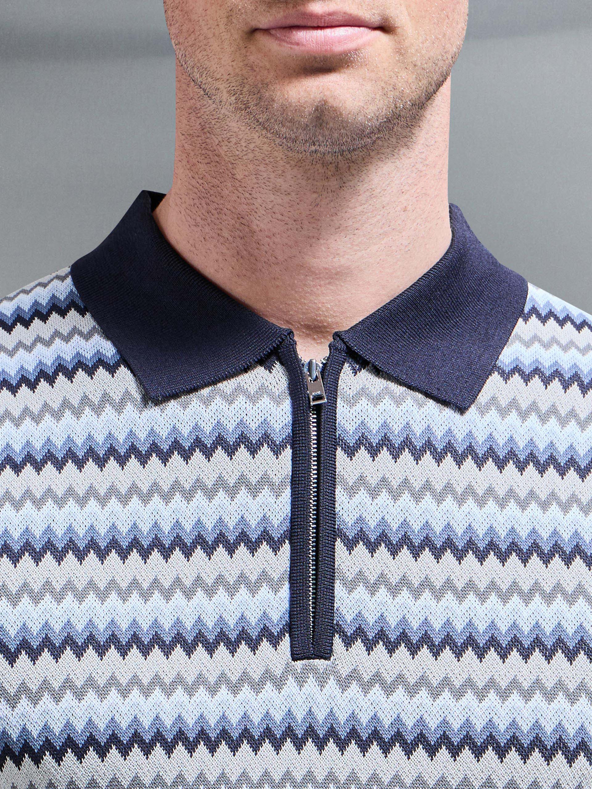 Mens Jacquard Zig Zag Knitted Zip Polo Shirt in Navy
