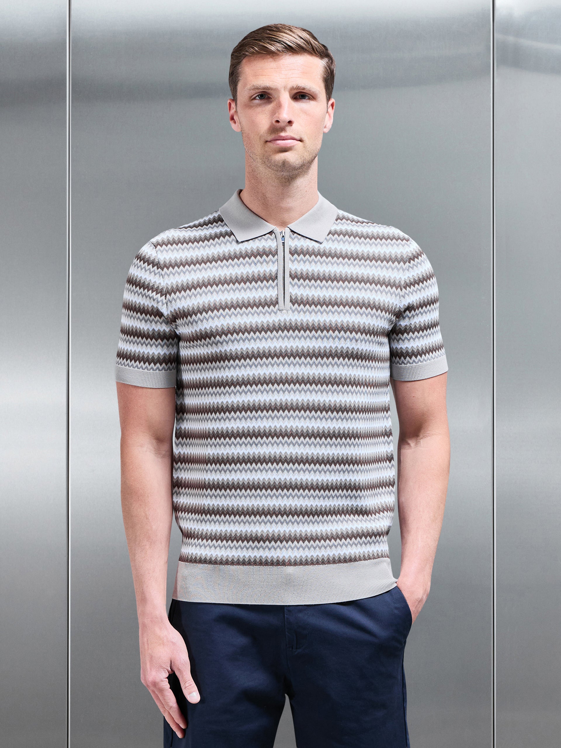 Mens Jacquard Zig Zag Knitted Zip Polo Shirt in Stone
