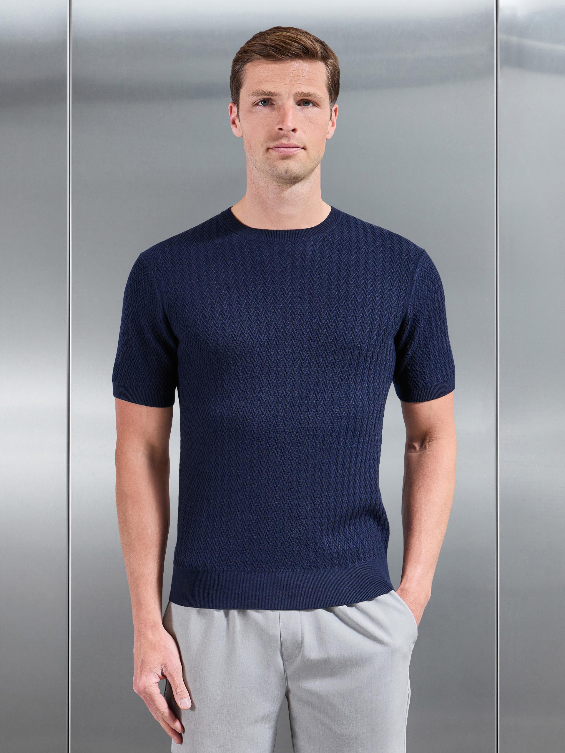 Mens Knitted Zig Zag Crew Neck T-Shirt in Navy