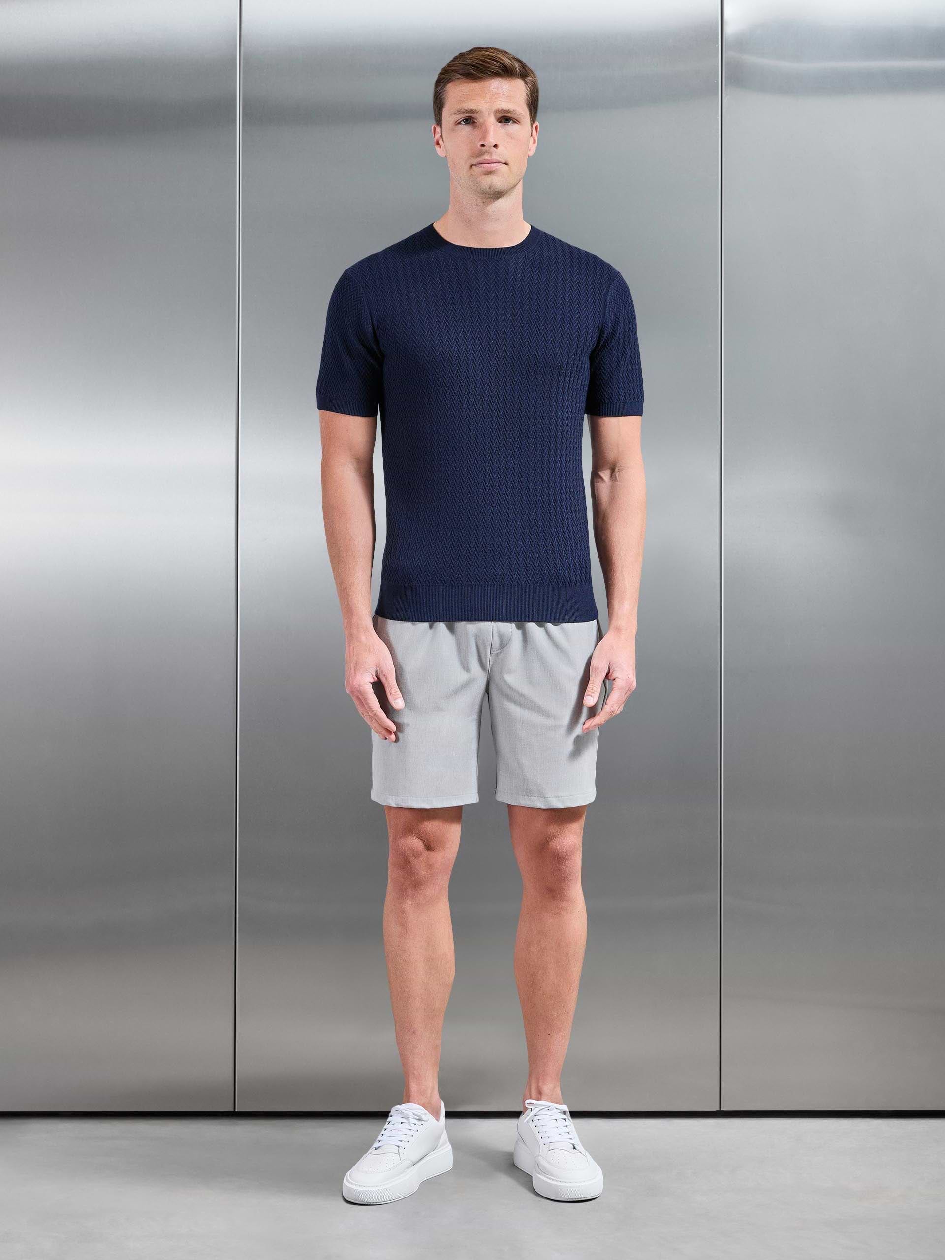 Mens Knitted Zig Zag Crew Neck T-Shirt in Navy