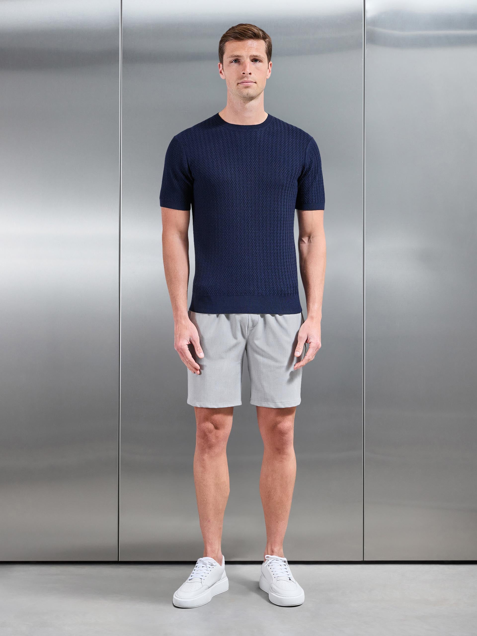 Mens Knitted Zig Zag Crew Neck T-Shirt in Navy