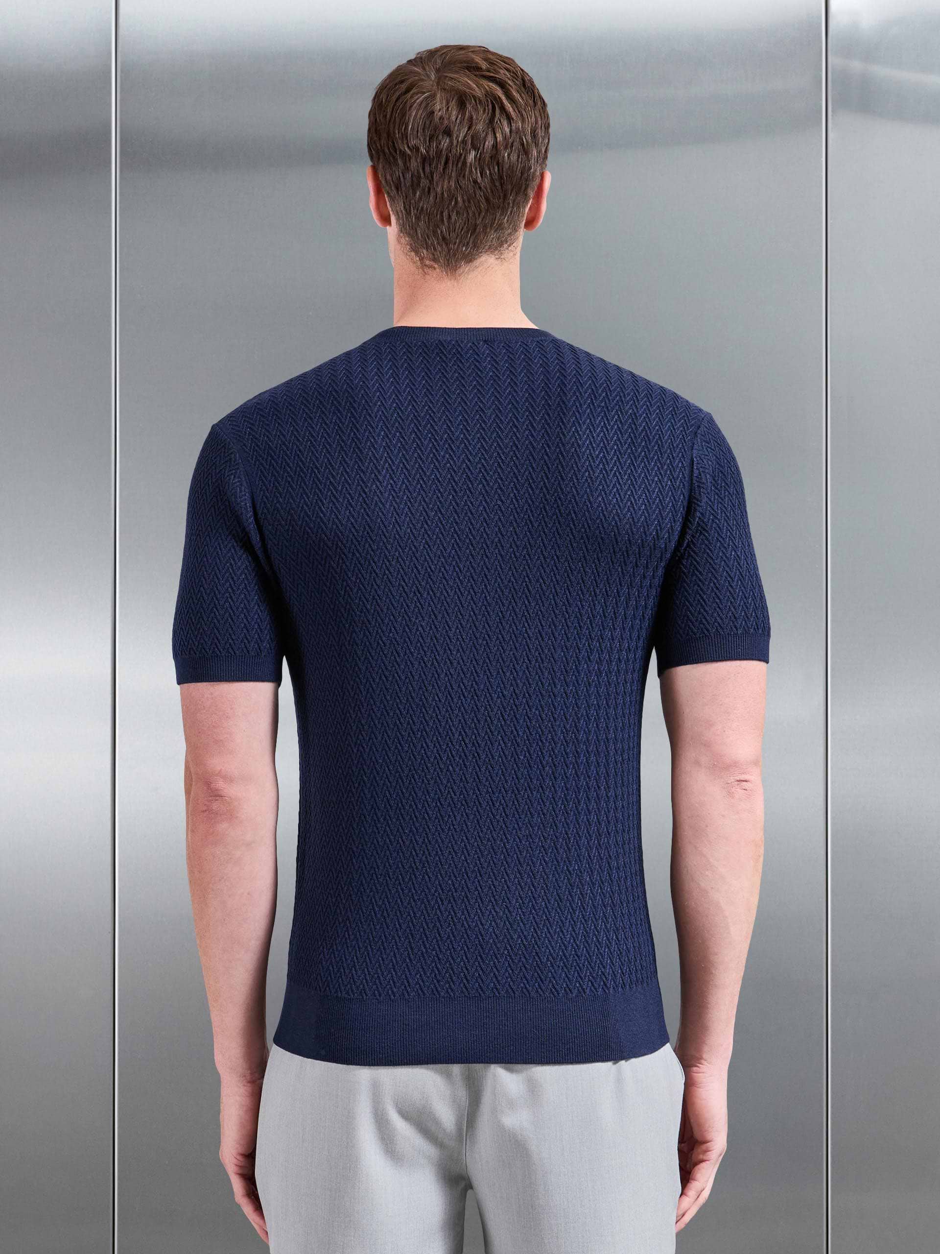 Knitted Zig Zag Crew Neck T-Shirt in Navy