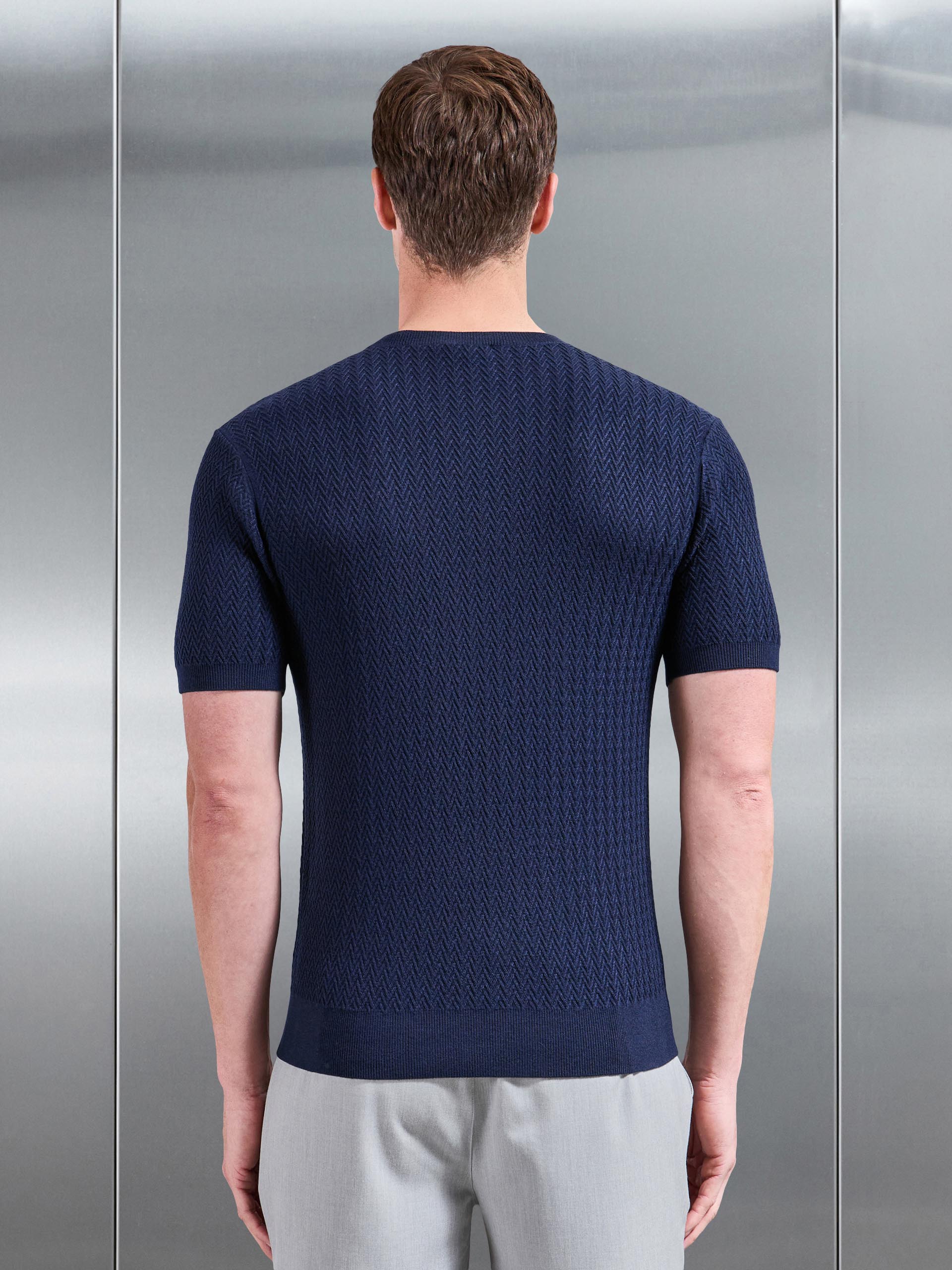 Mens Knitted Zig Zag Crew Neck T-Shirt in Navy