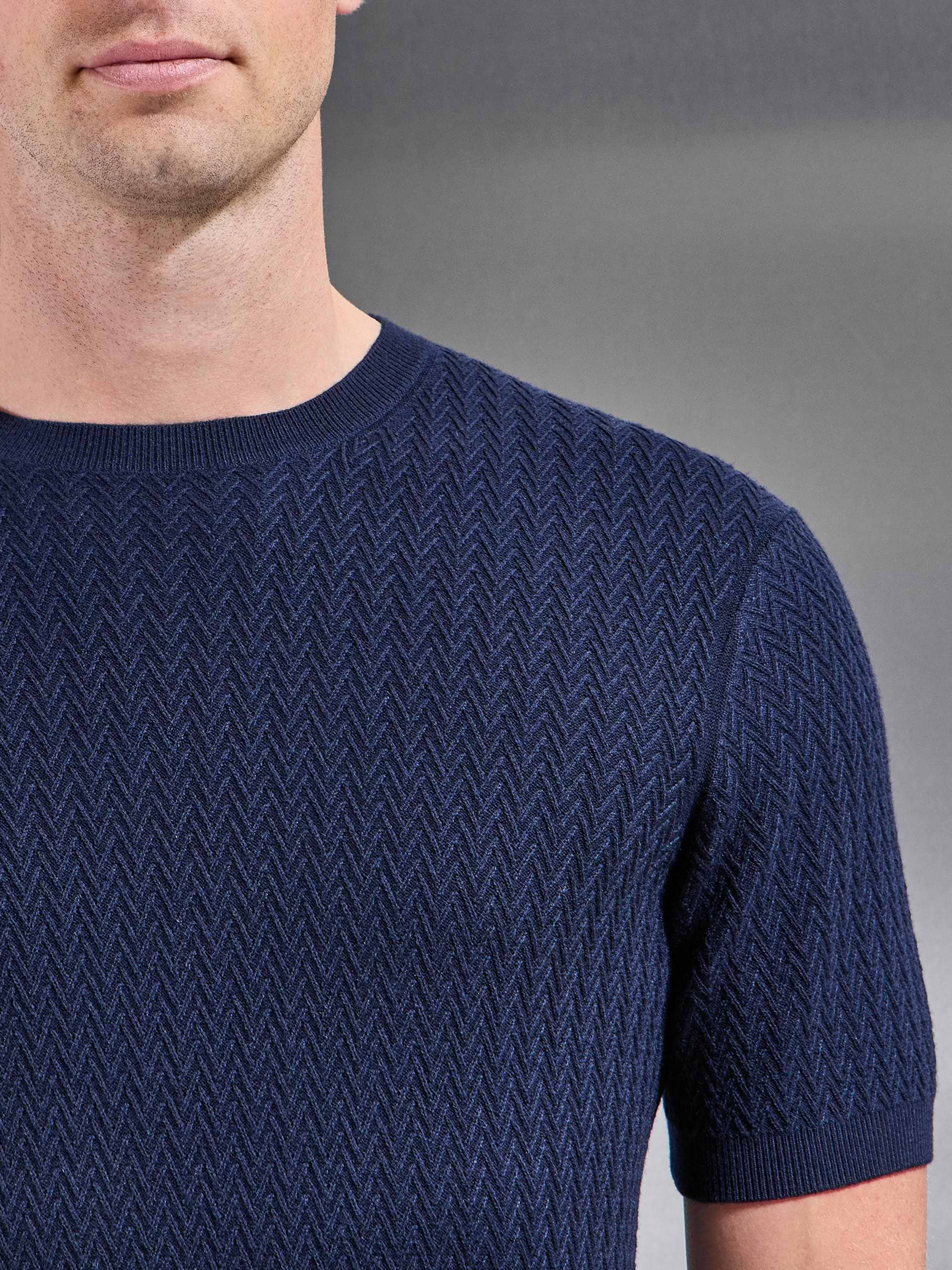 Knitted Zig Zag Crew Neck T-Shirt in Navy