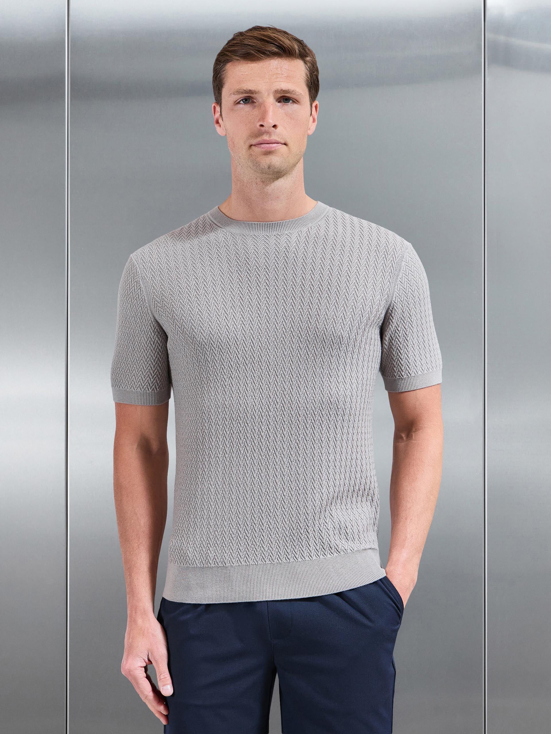 Mens Knitted Zig Zag Crew Neck T-Shirt in Stone