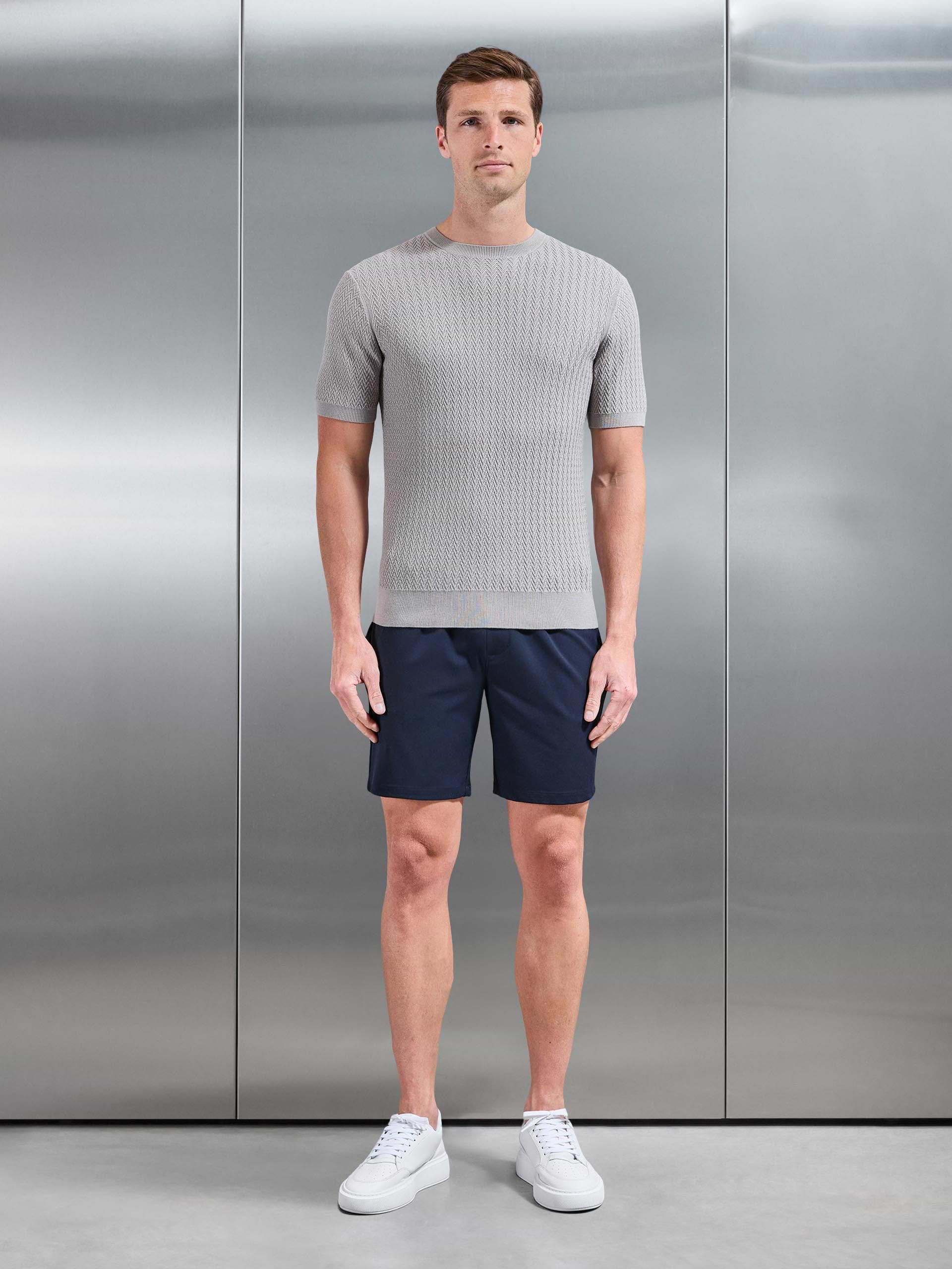 Mens Knitted Zig Zag Crew Neck T-Shirt in Stone