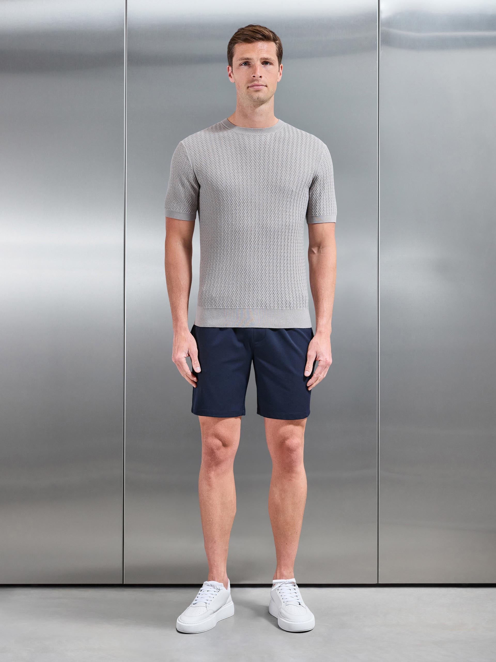 Mens Knitted Zig Zag Crew Neck T-Shirt in Stone