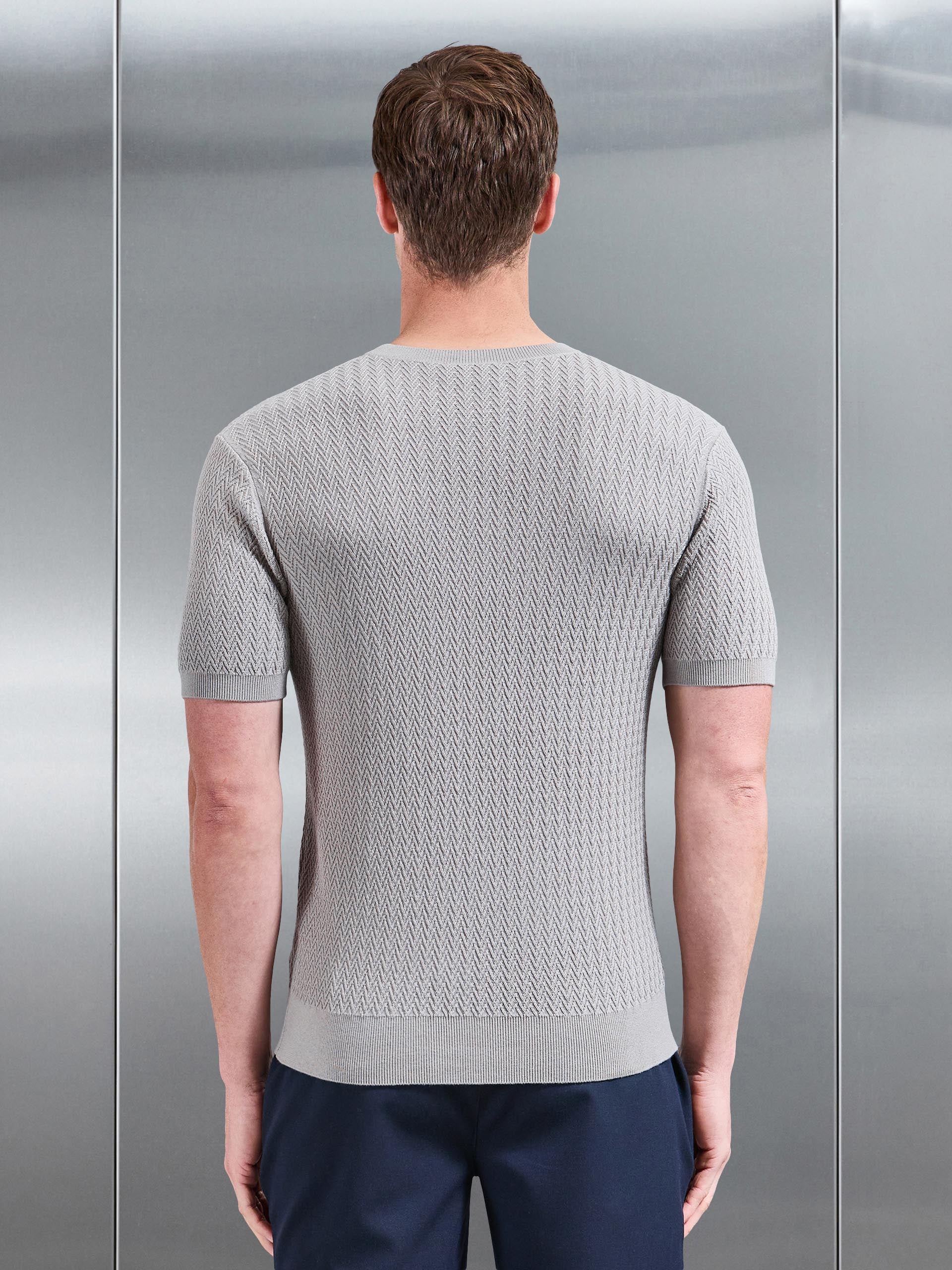 Mens Knitted Zig Zag Crew Neck T-Shirt in Stone
